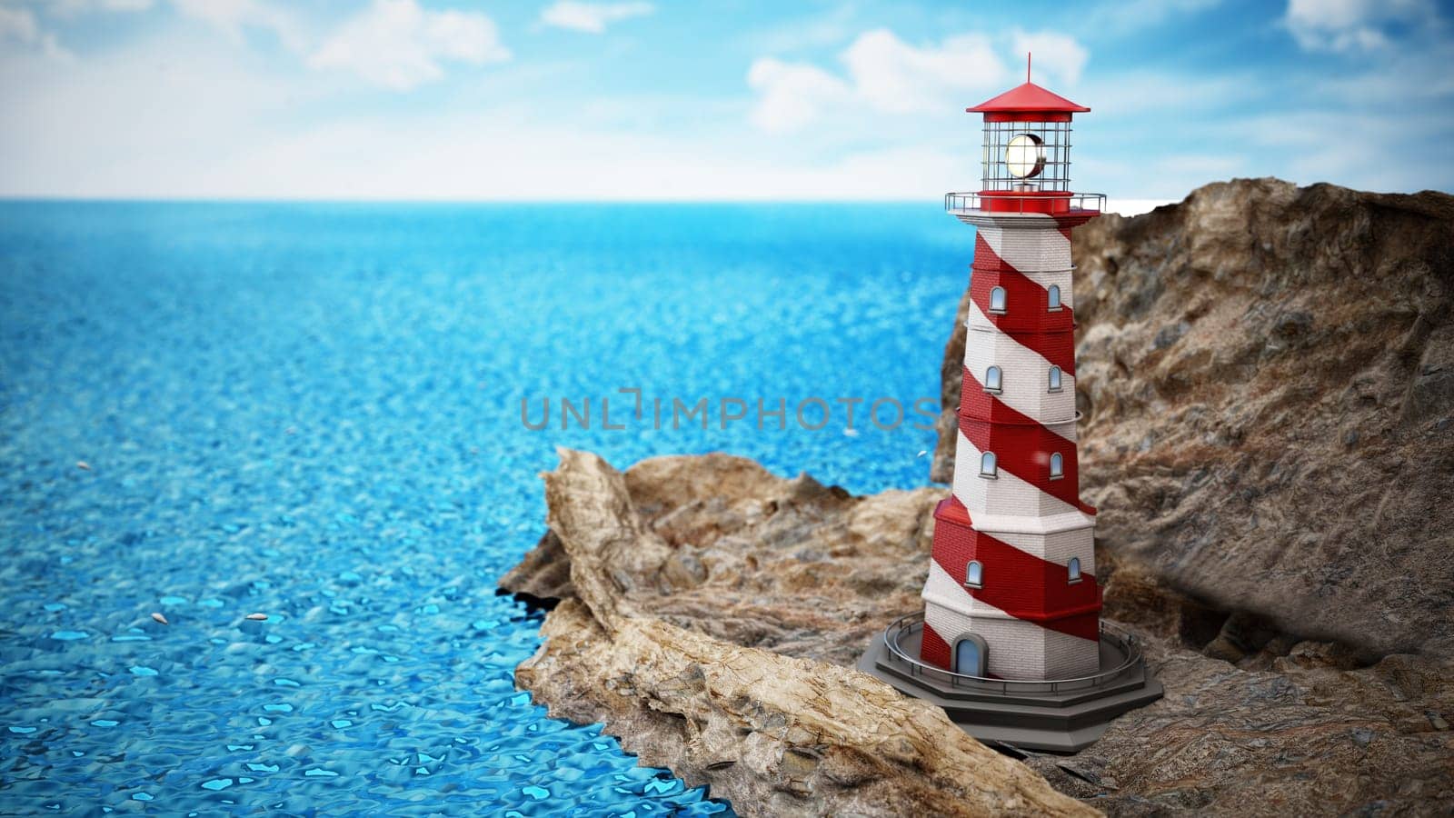 Generic lighthouse on a cliff near the sea. 3D illustration.