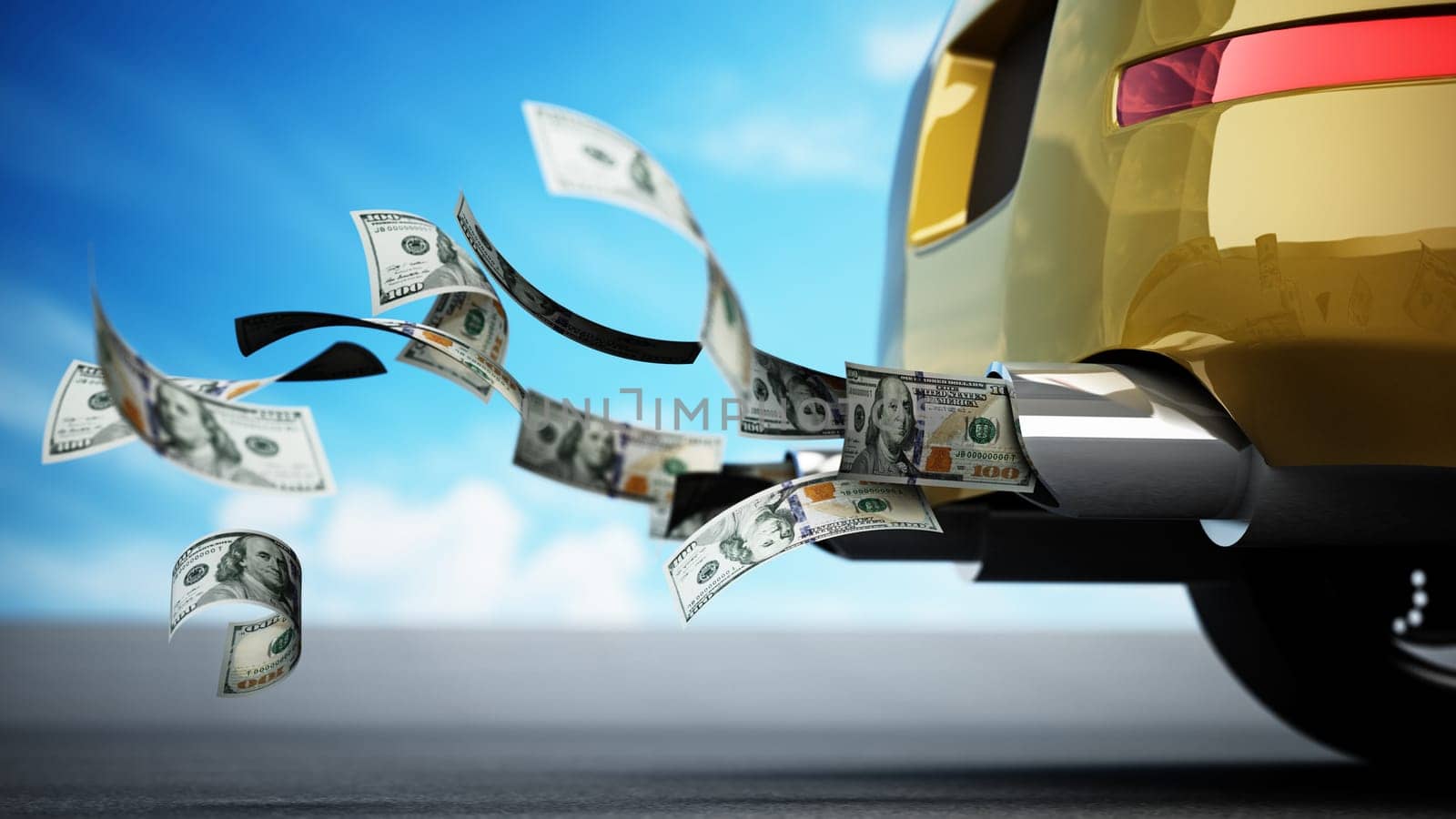 100 dollar bills flowing from the exhaust pipe of a car. 3D illustration.