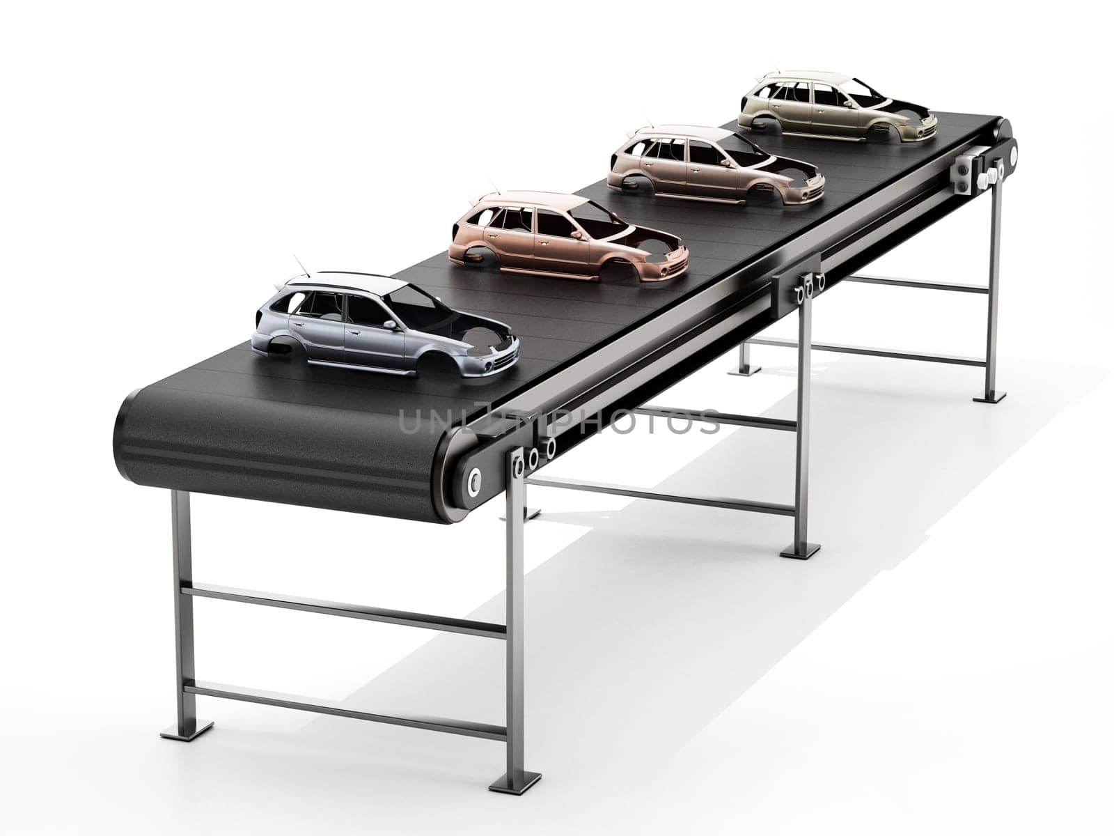 Conveyor belt carrying different colored car bodies. 3D illustration.