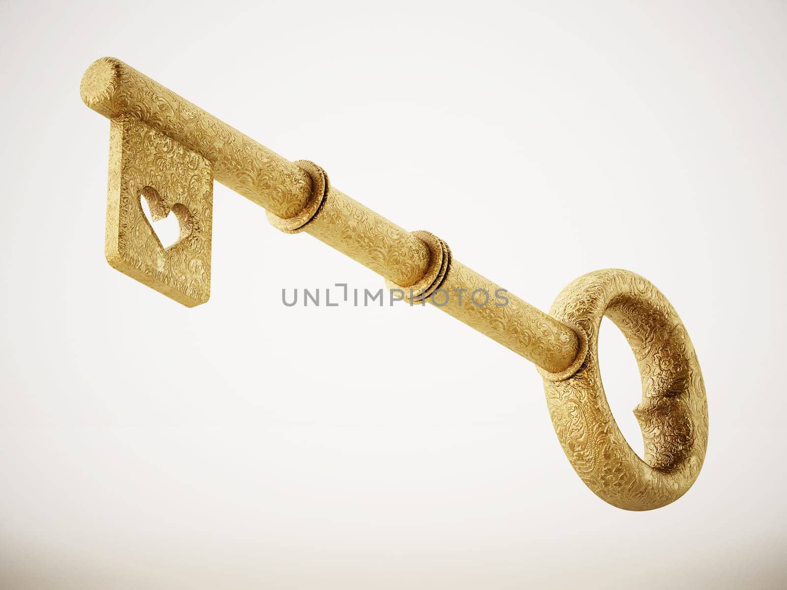 Golden ornate key with heart symbol isolated on white background. 3D illustration.