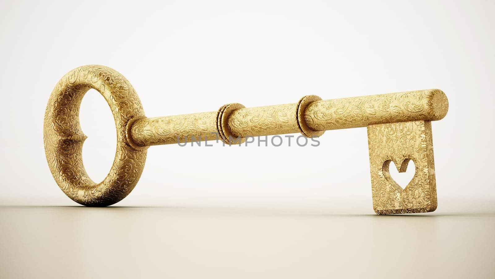 Golden ornate key with heart symbol isolated on white background. 3D illustration.