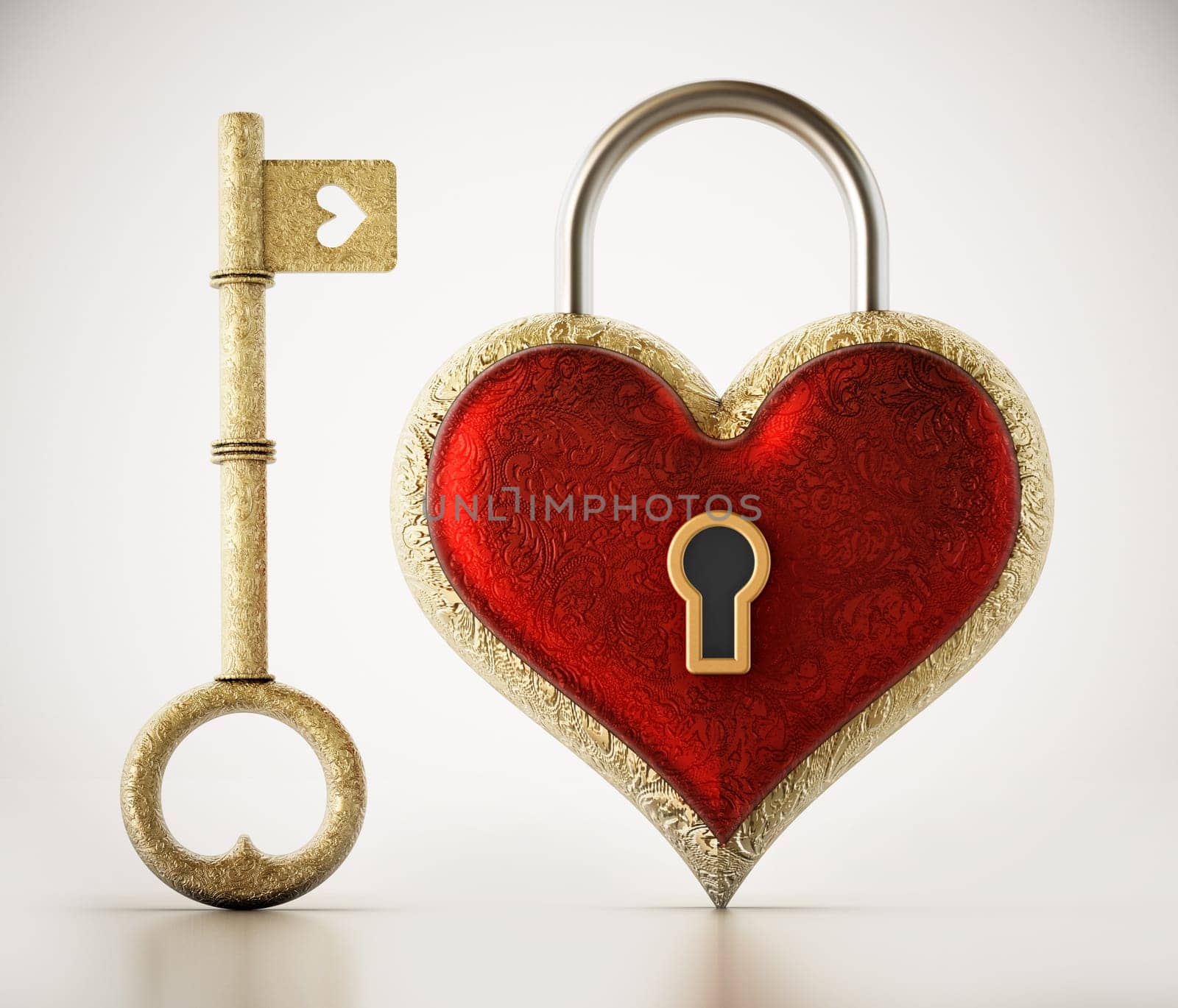 Golden ornate key with heart symbol and heart shaped padlock isolated on white background. 3D illustration.