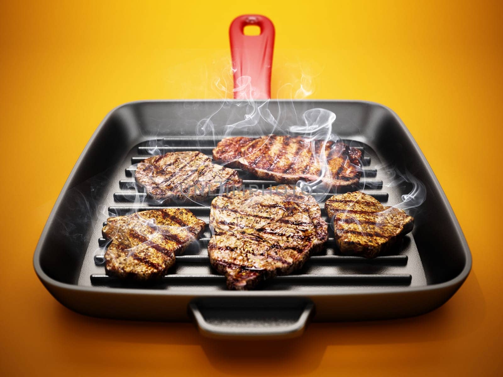 Grilled steaks in hot frying pan. 3D illustration.