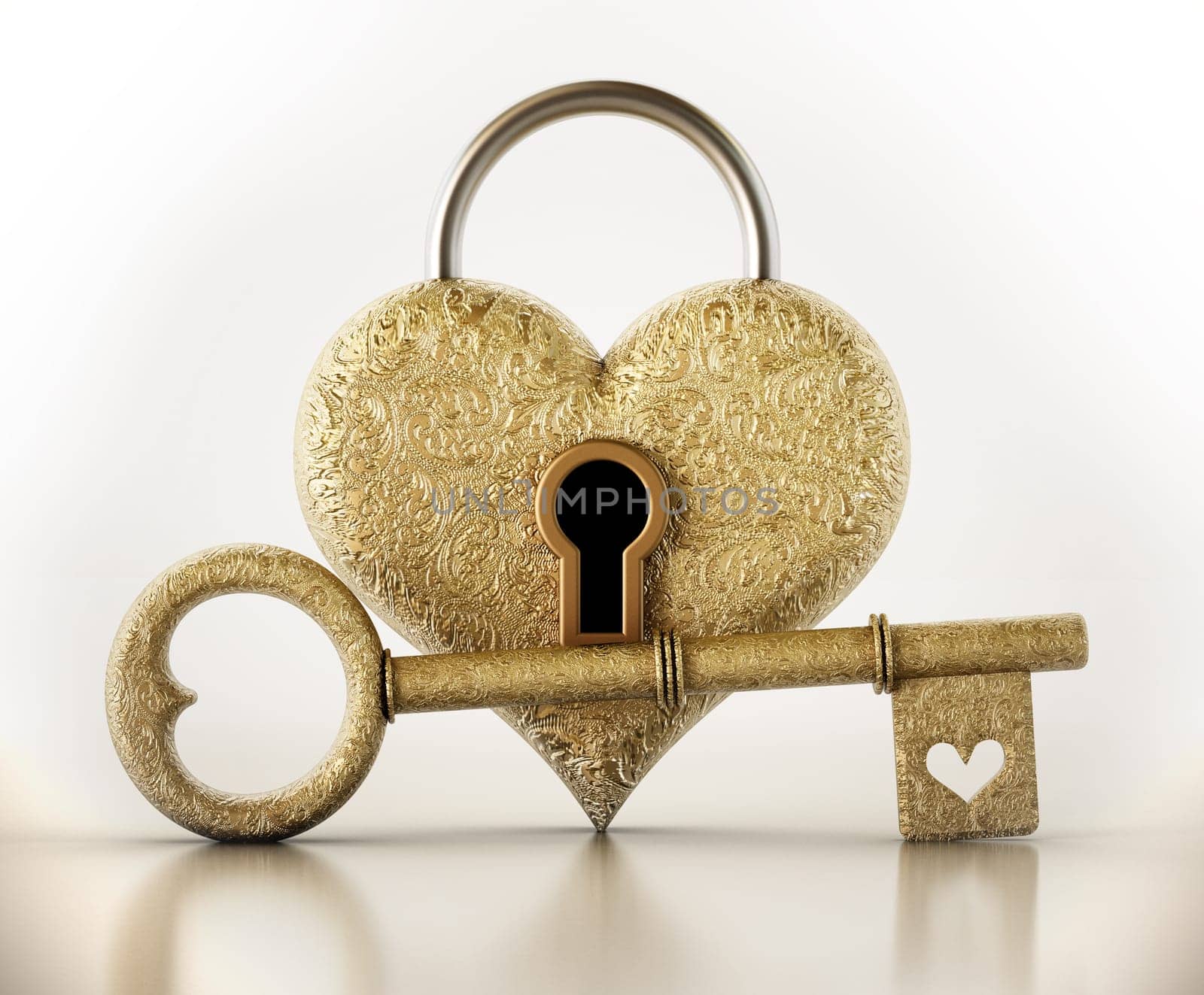 Golden ornate key with heart symbol and heart shaped padlock isolated on white background. 3D illustration.
