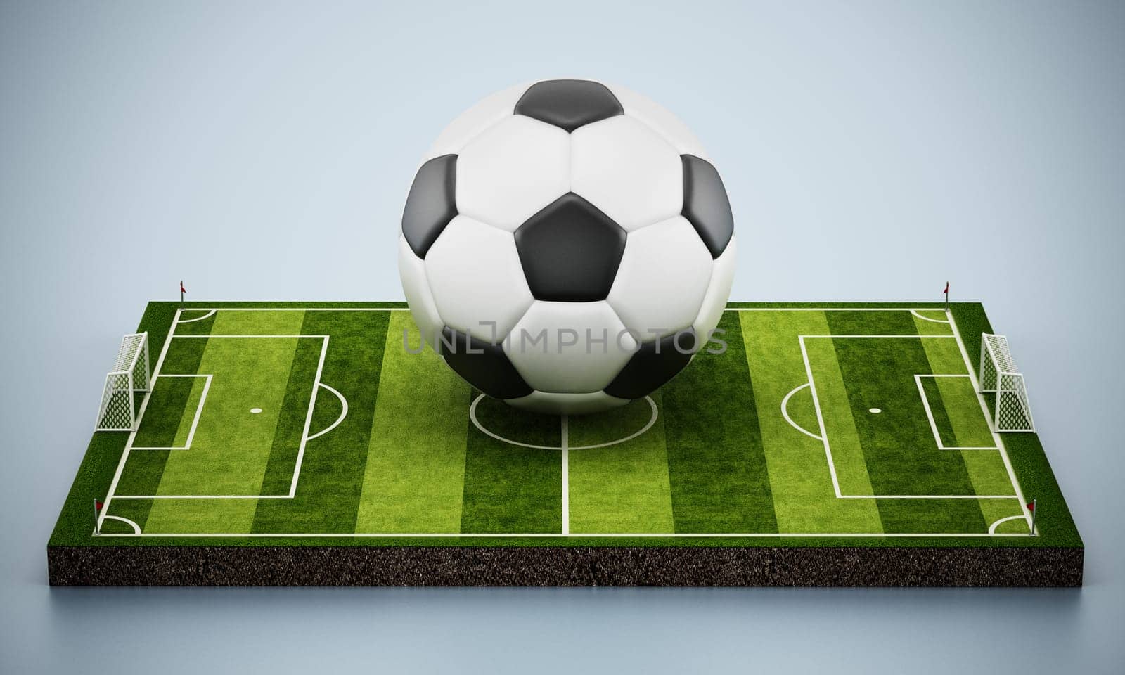 Soccer ball standing in the middle of the pitch. 3D illustration.