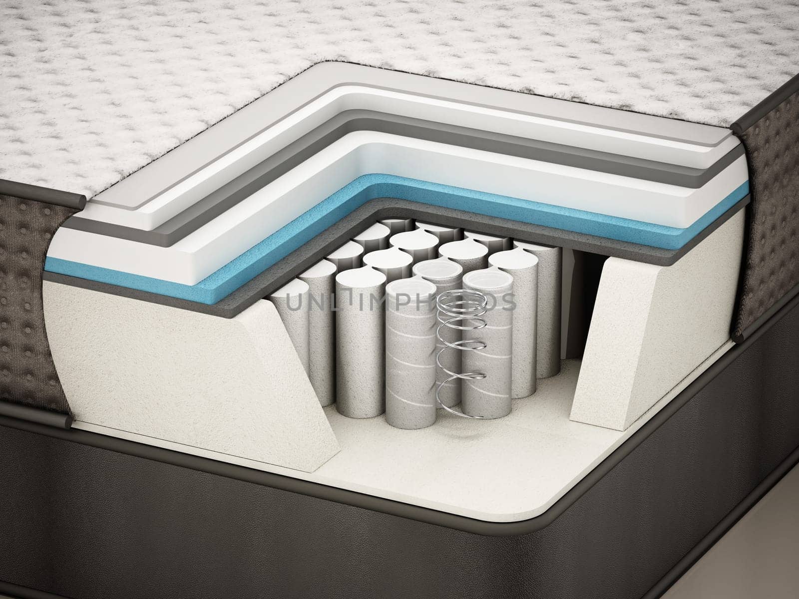 Cross section showing a mattress and the springs inside. 3D illustration.