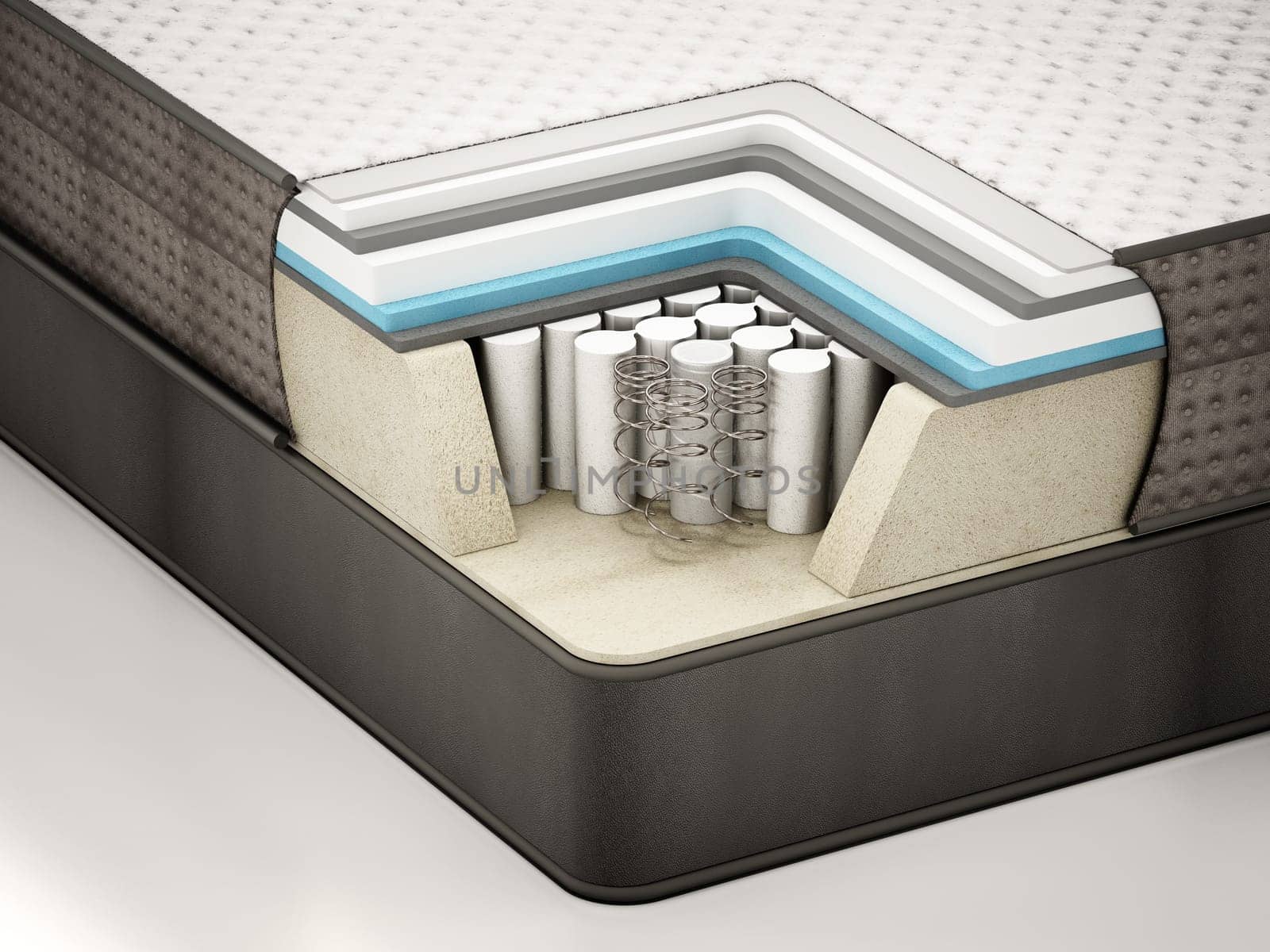 Cross section showing a mattress and the springs inside. 3D illustration.