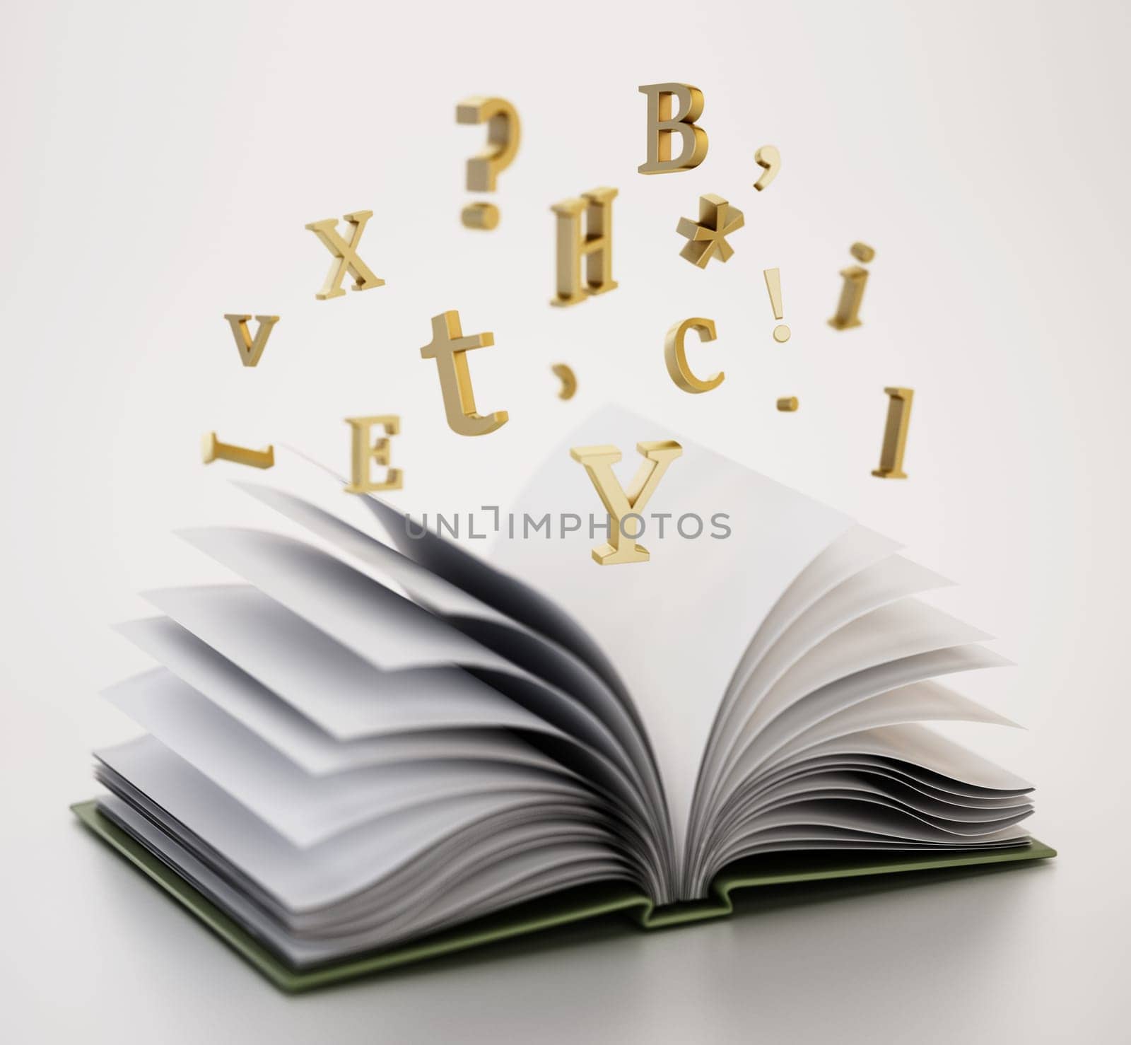 Open book with flying letters in the air. 3D illustration.