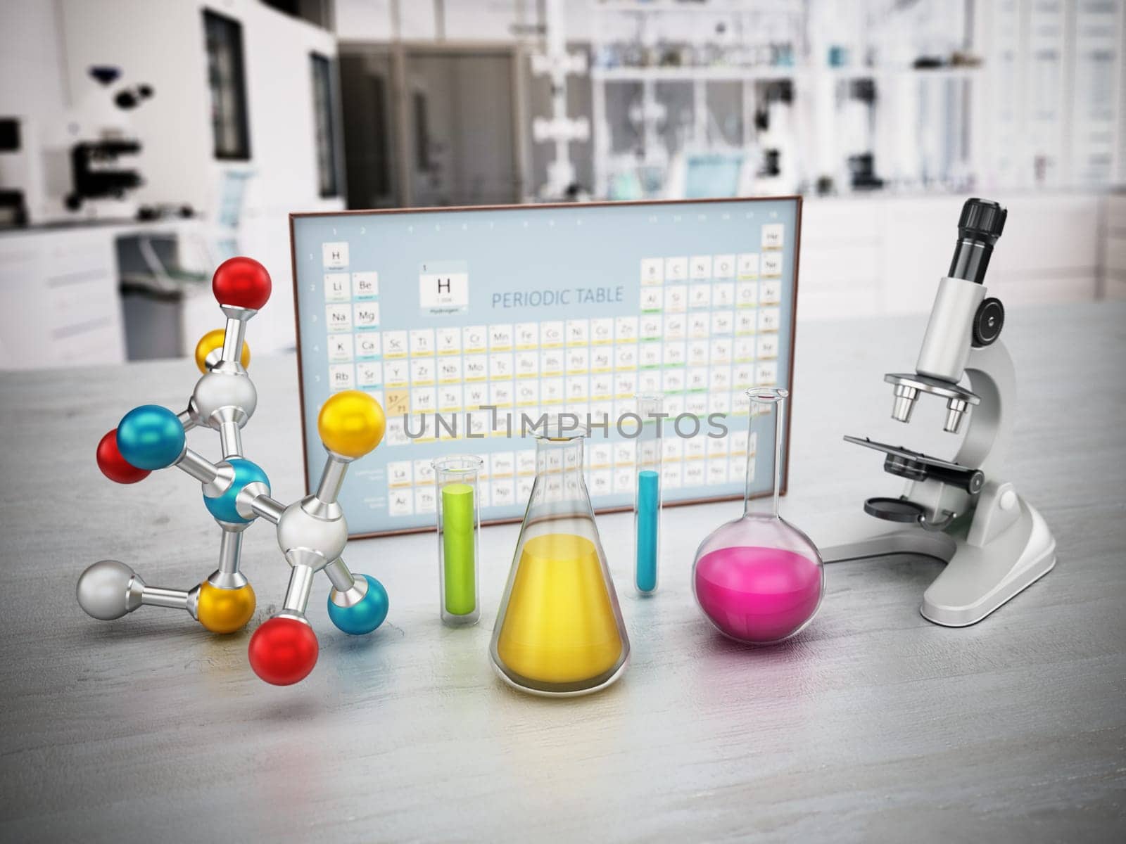 Chemistery laboratory with microscope, molecule model and glass lab eqipment on the table. Periodic table on the background. 3D illustration.