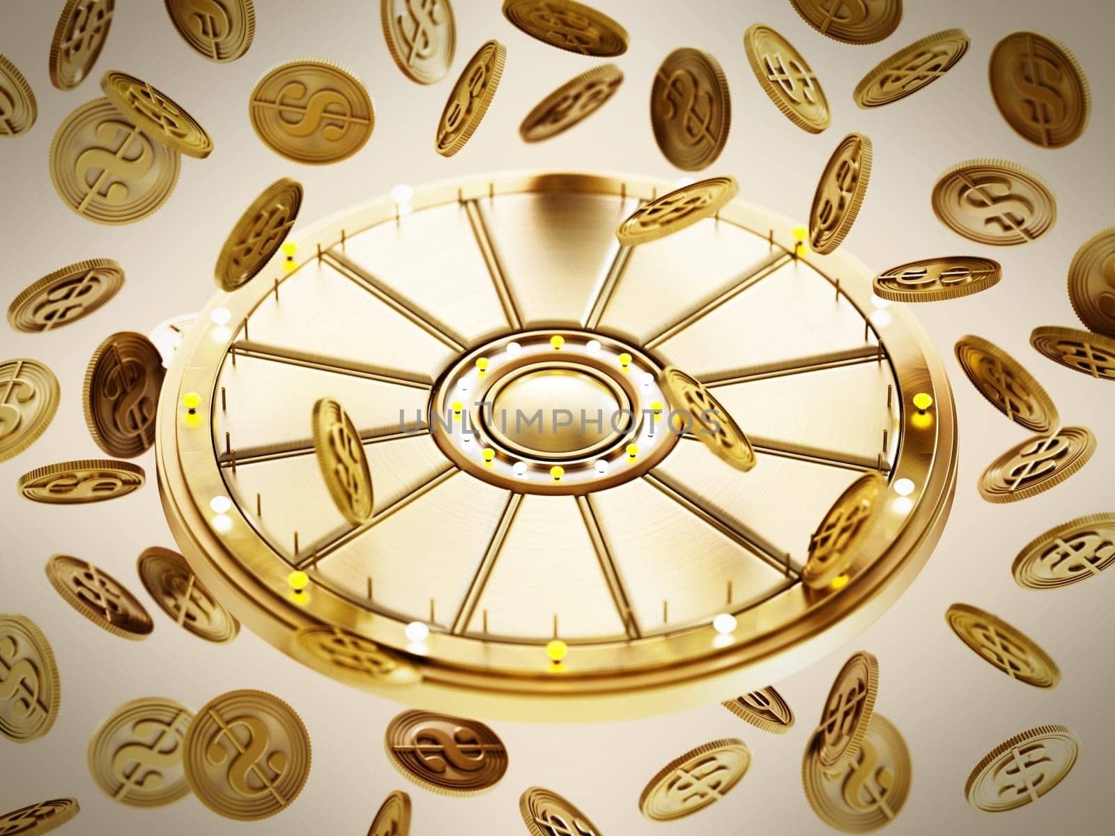 Prize wheel and gold coins with dollar icon on blue background. 3D illustration.
