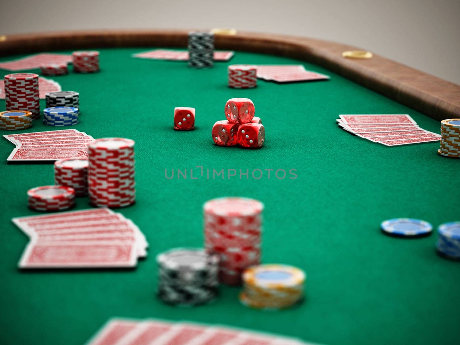 Poker table with playing cards, casino chips and dices. 3D illustration.