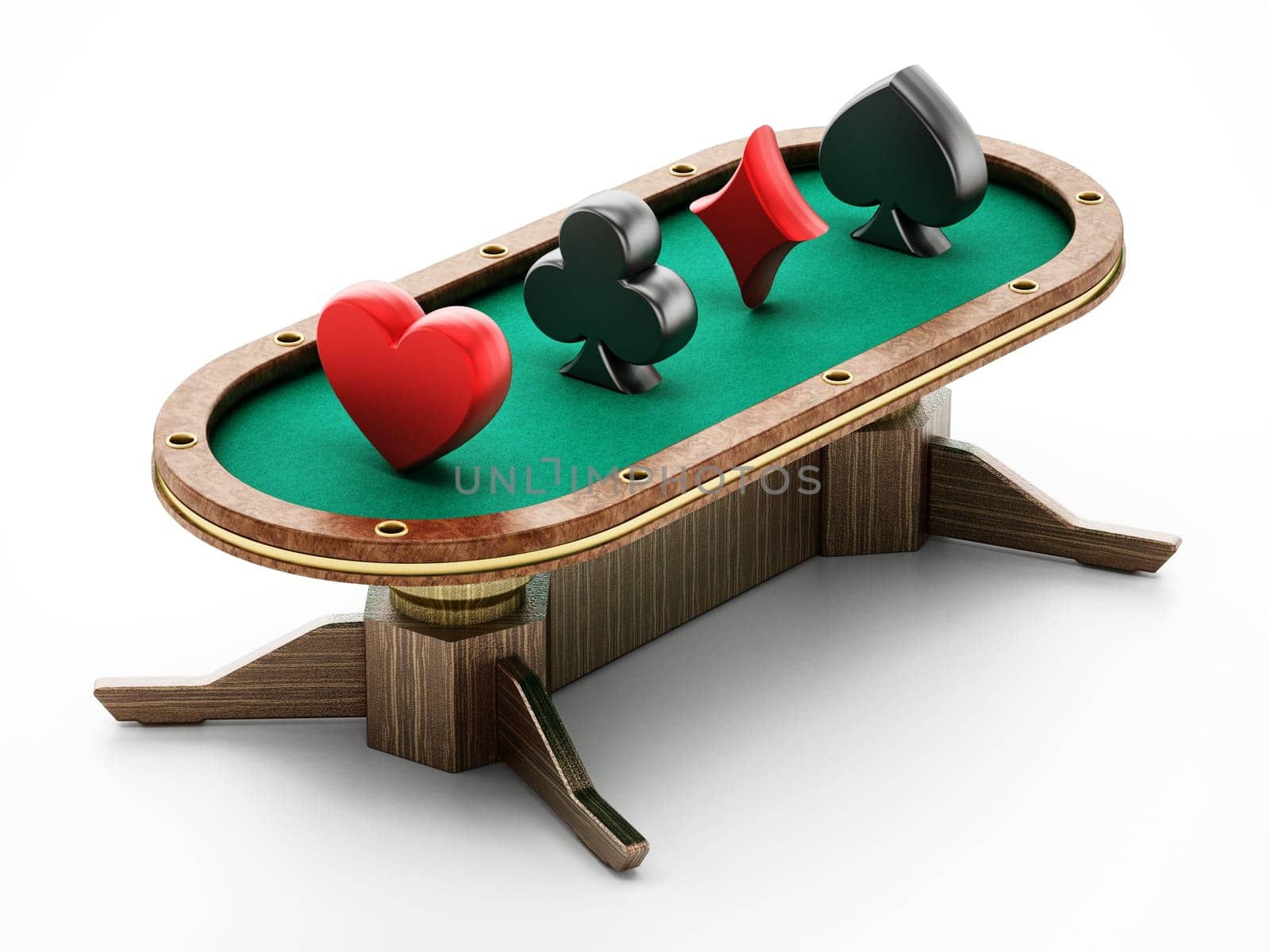 Poker table with playing card symbols. 3D illustration.