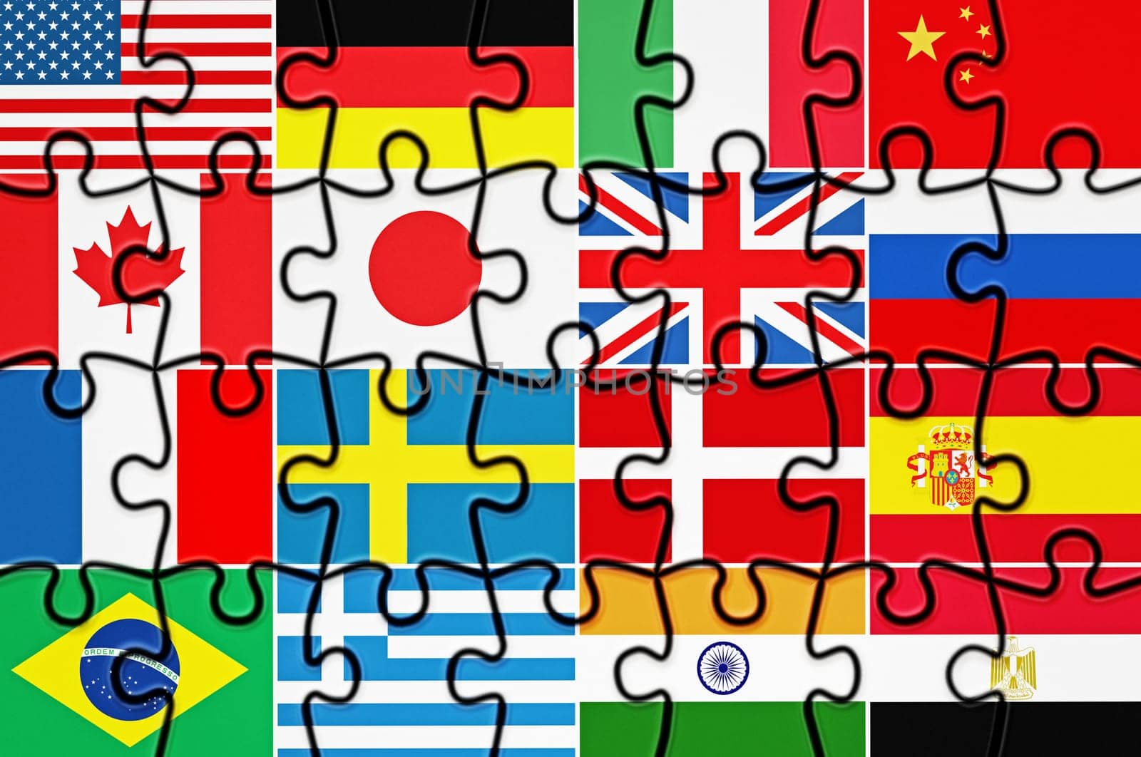 Country flags on jigsaw puzzle pieces. 3D illustration.