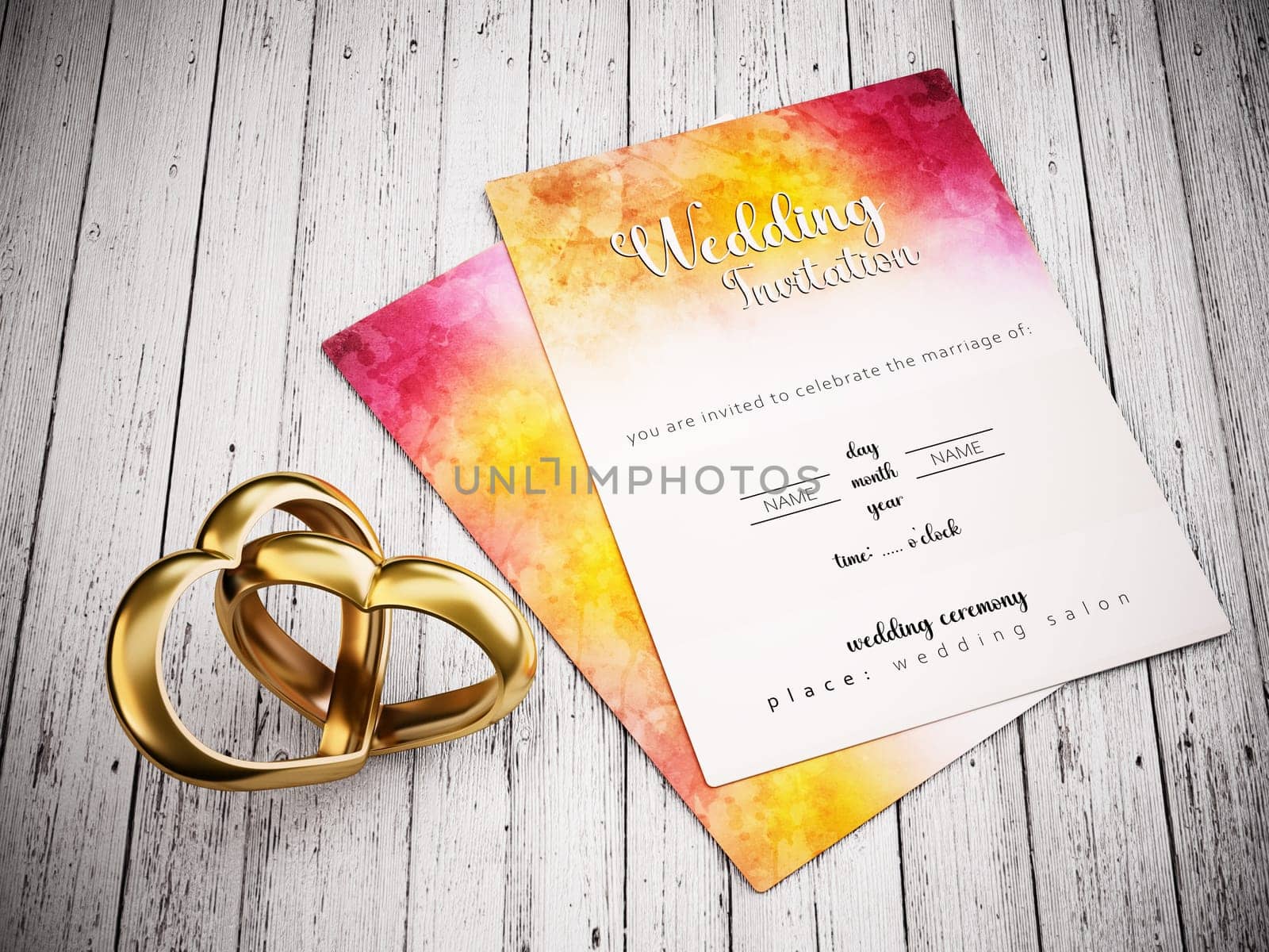Two attached heart shaped rings standing on old wooden planks next to the wedding invitation. 3D illustration.