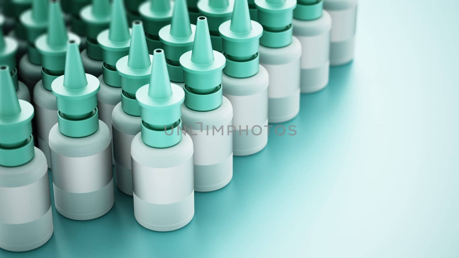 Generic nasal spray bottles ina row. 3D illustration.