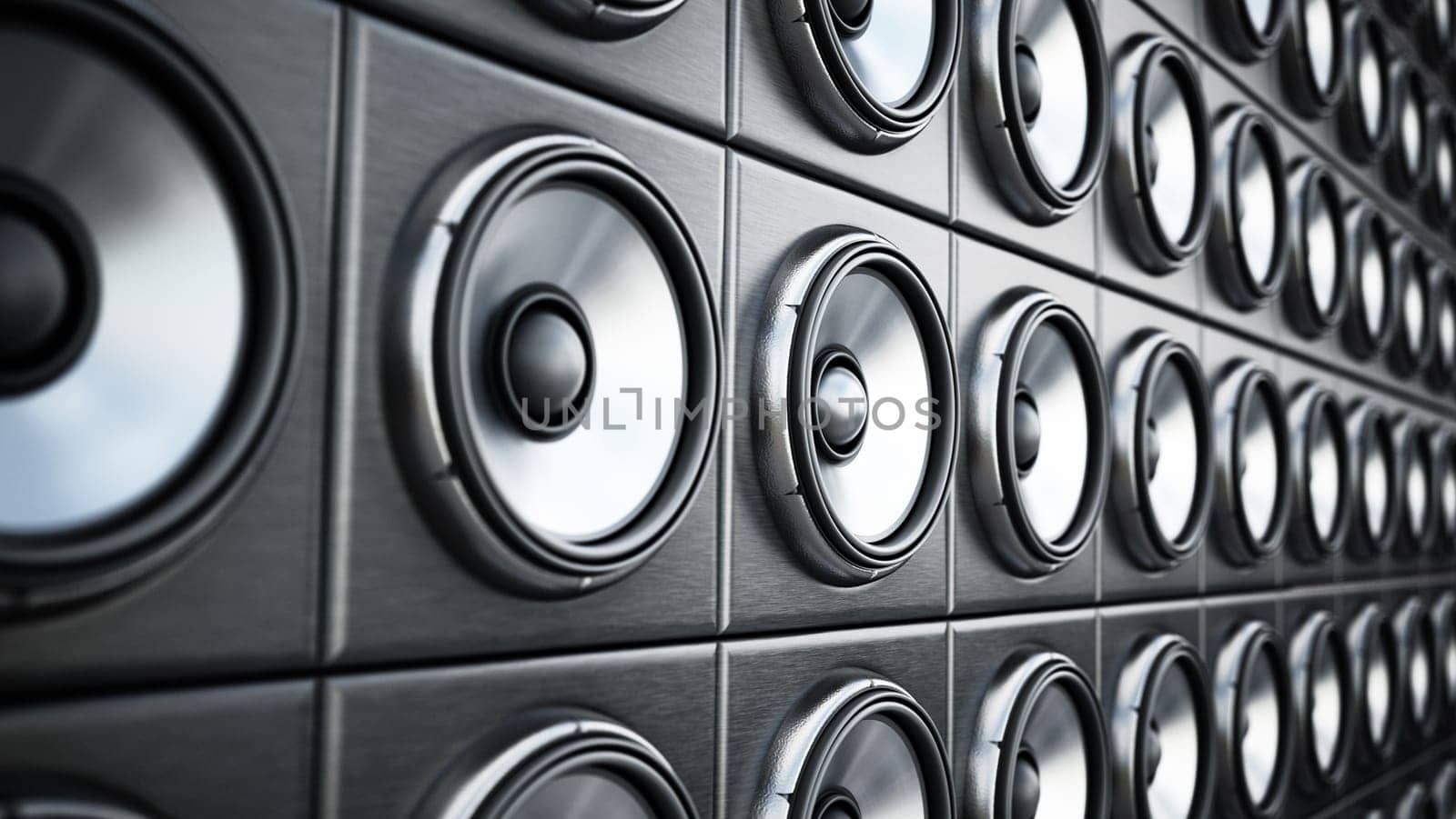 Group of black and silver loudspeaker. 3D illustration.