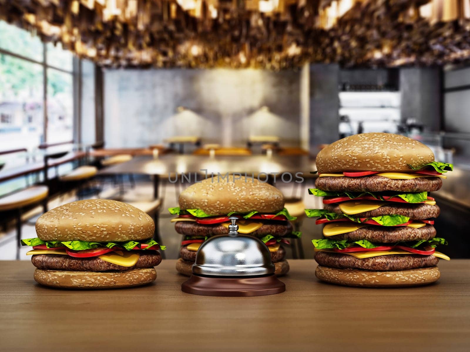 Hamburgers and service bell standing on the burger shop counter. 3D illustration.