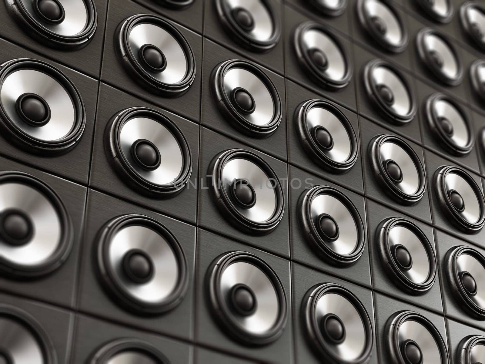 Group of black and silver loudspeaker. 3D illustration.