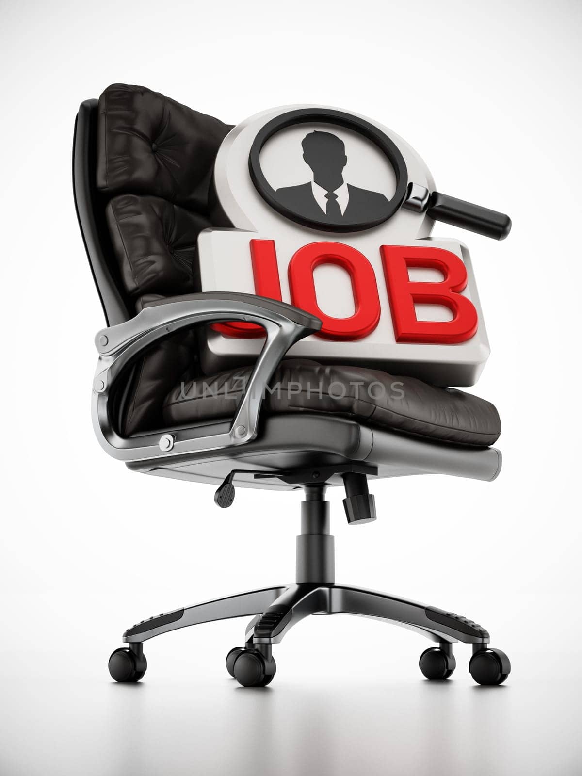 Black leather office chair with job text and businessman symbol. 3D illustration.