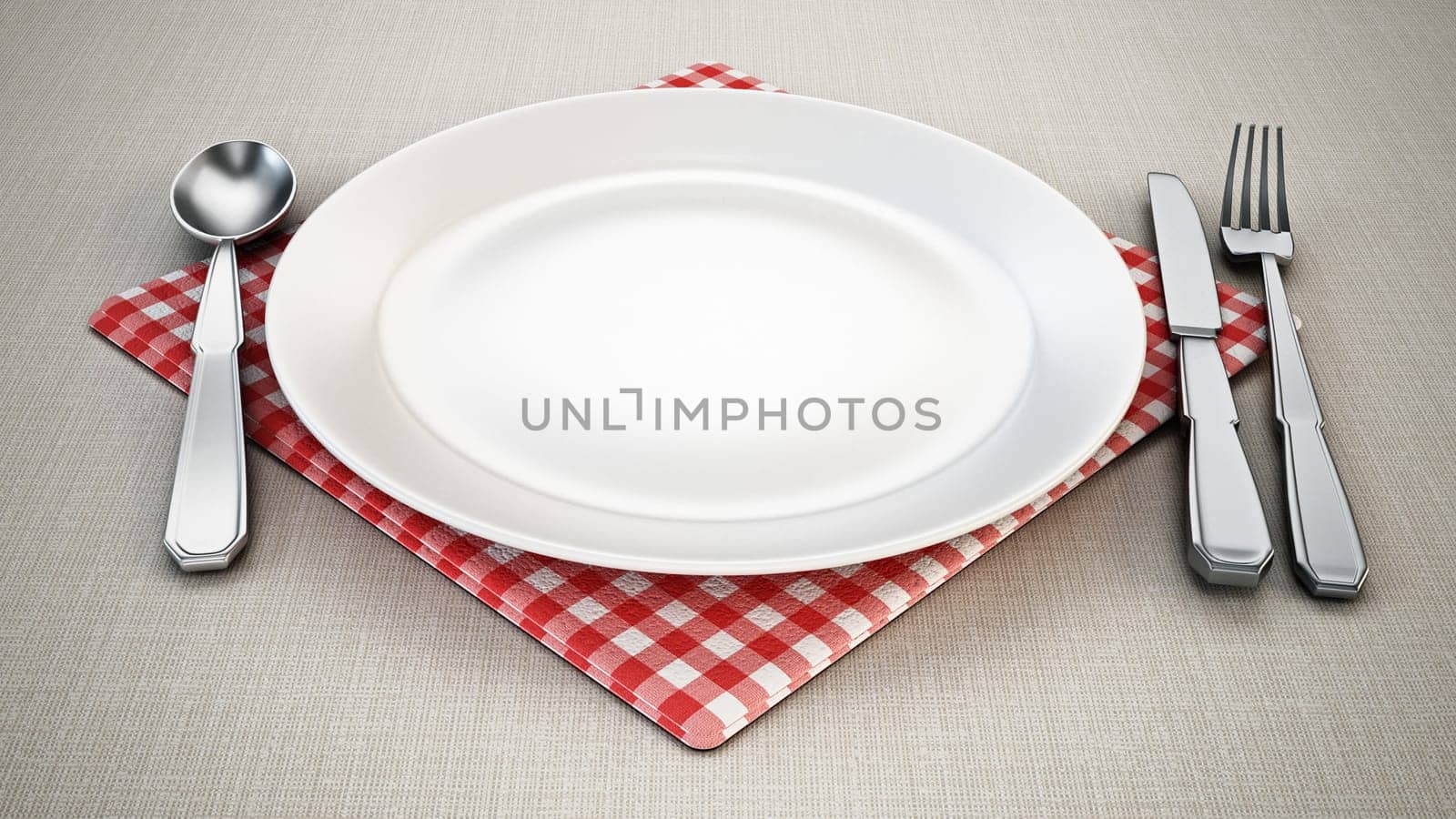 Serving plate, spoon, fork, knife and napkin standing on tablecloth. 3D illustration.