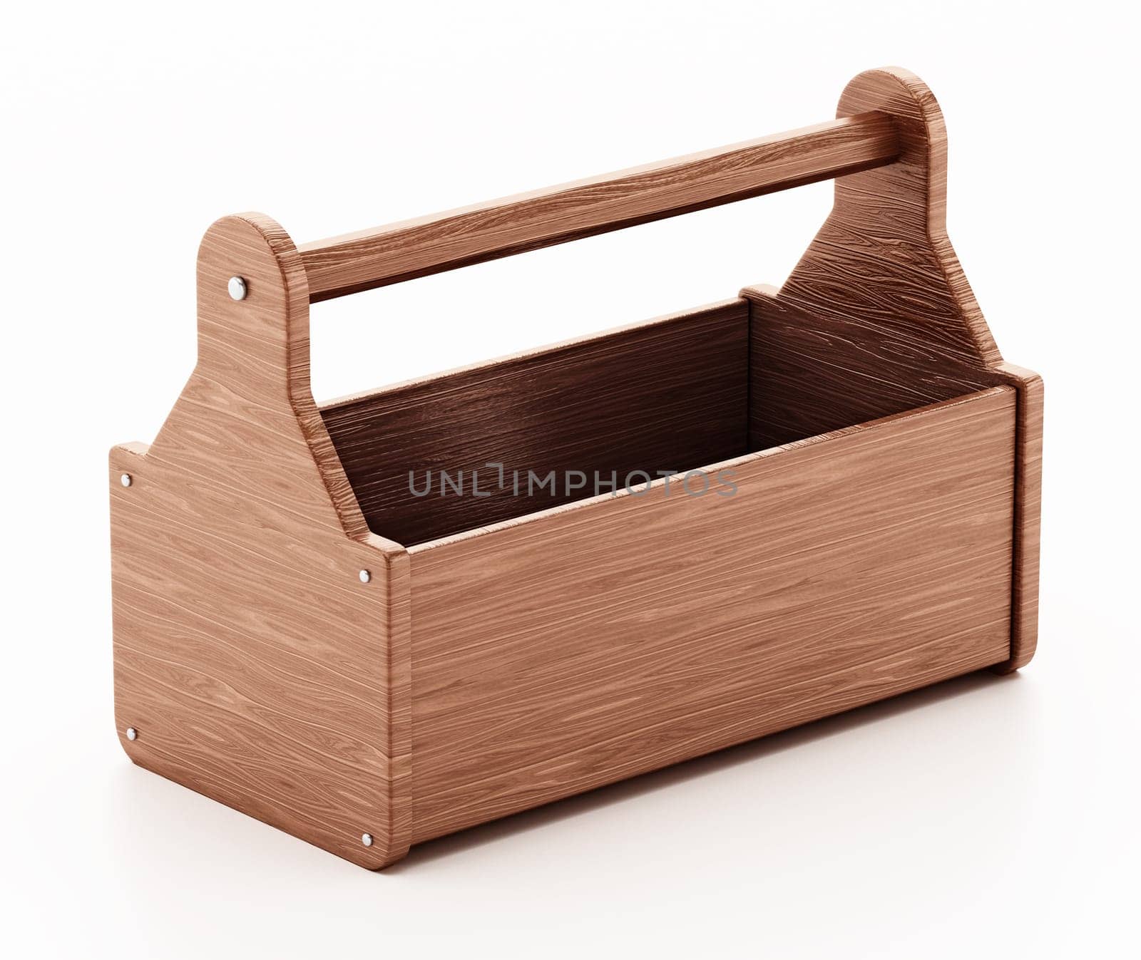Empty wooden toolbox isolated on white background. 3D illustration.