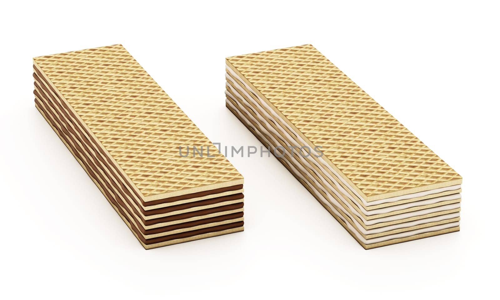 Chocolate and vanilla flavoured wafers isolated on white background. 3D illustration.