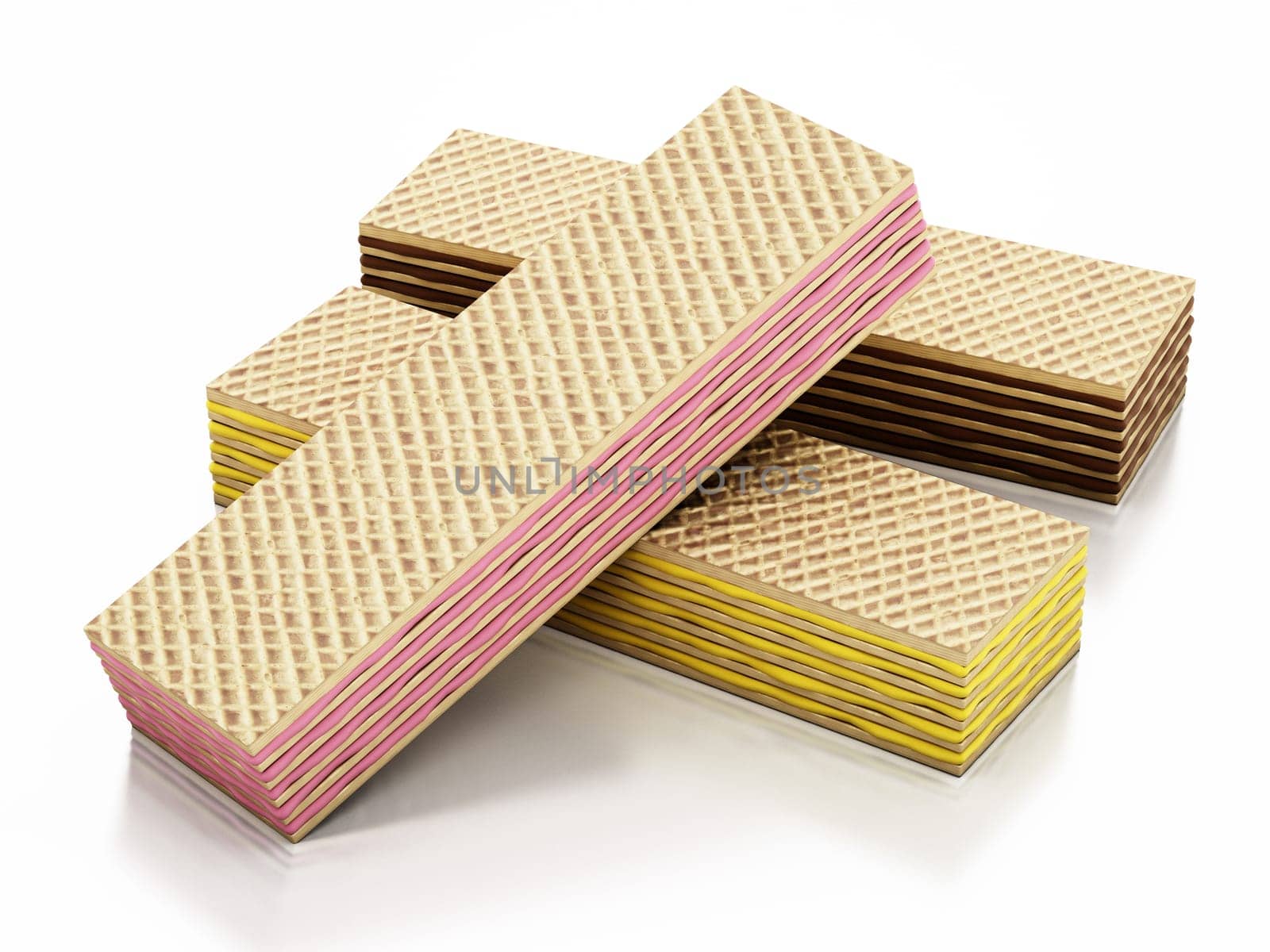 Banana, strawberry and hazelnut flavoured wafers isolated on white background. 3D illustration.