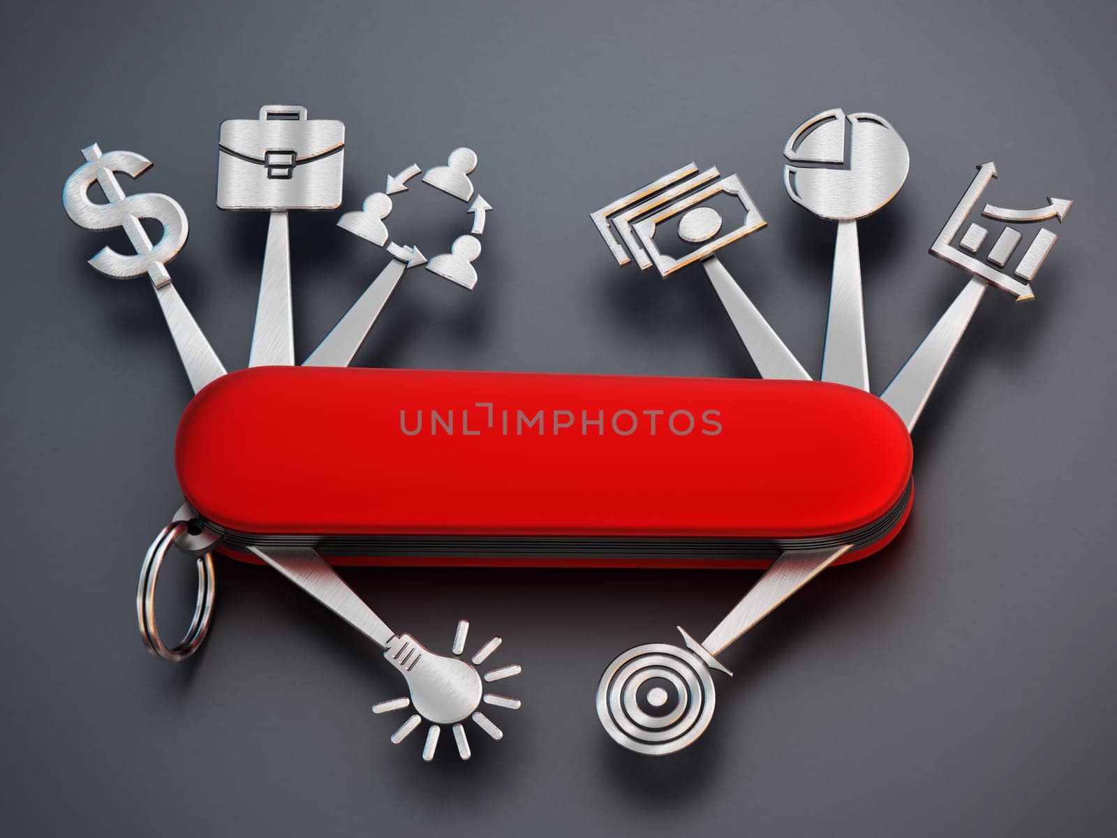 Technology icons connected to Swiss knife. 3D illustration.