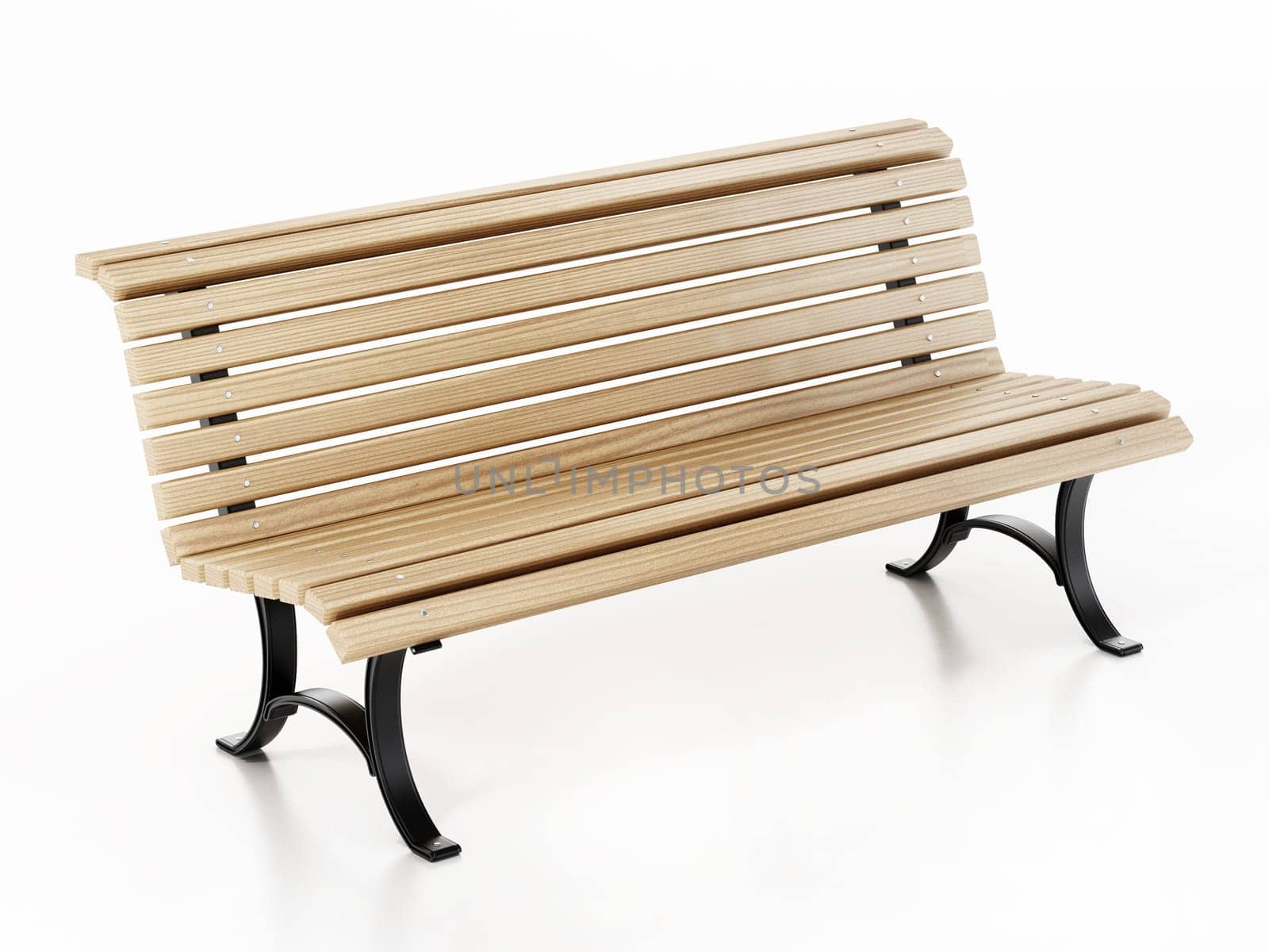 Wooden park bench isolated on white background. 3D illustration.