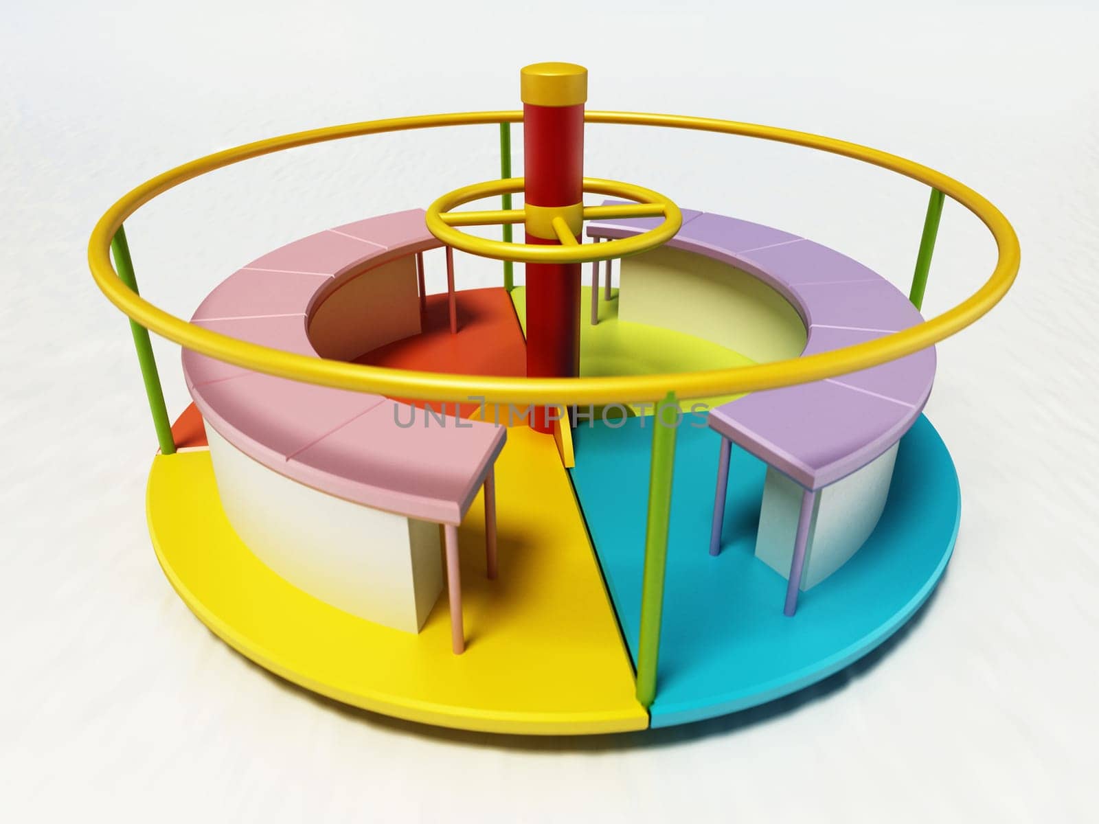 Multi-colored merry-go-round isolated on white background. 3D illustration.
