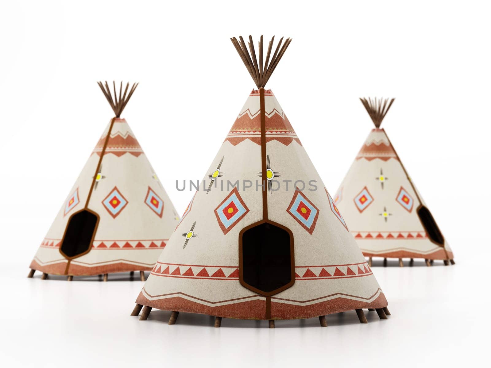 Indian tents isolated on white background. 3D illustration.