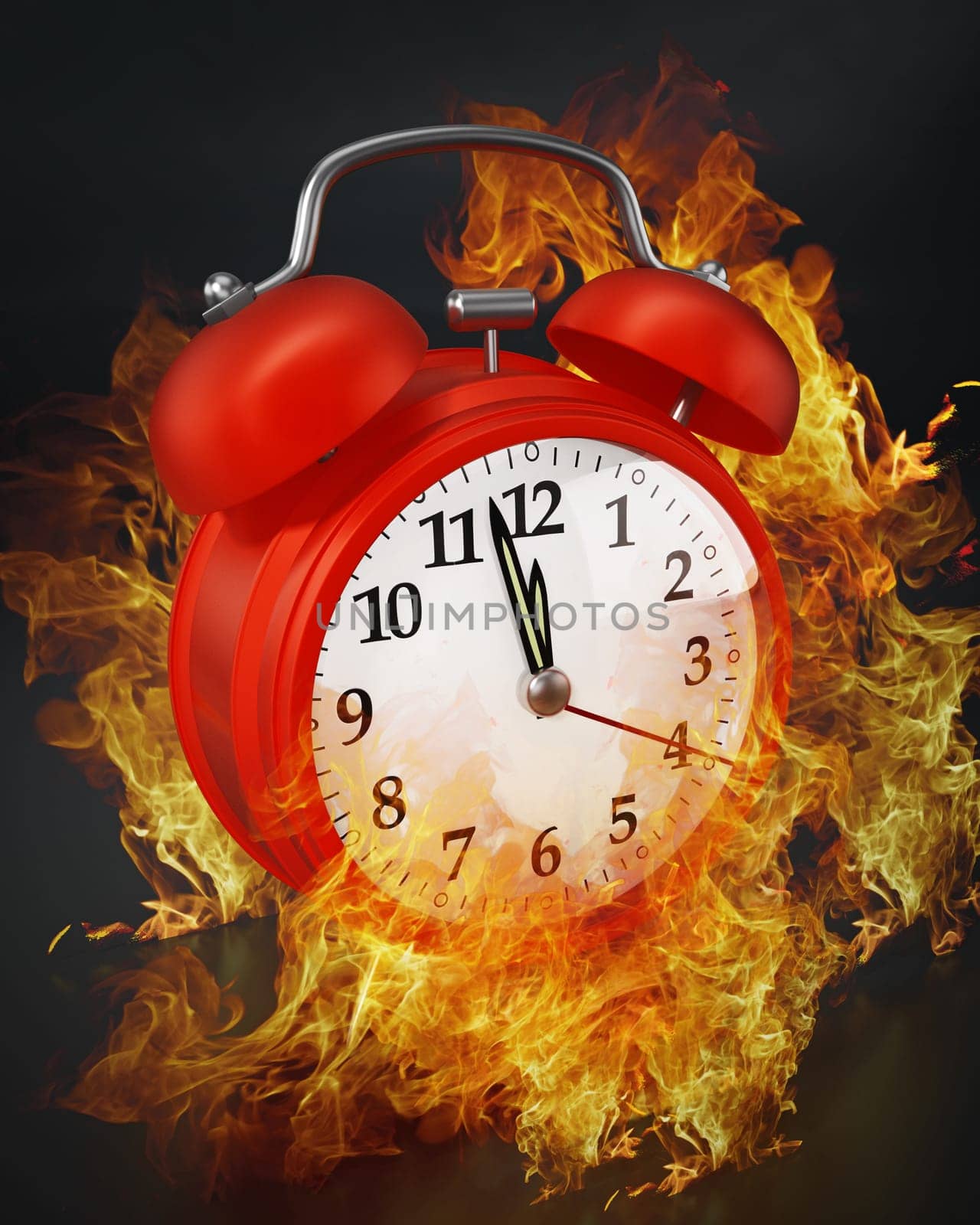 Red alarm clock on fire. 3D illustration.