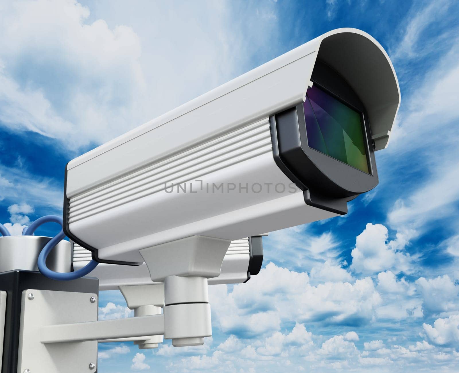 Security cameras on the pole on blue sky background. 3D illustration.
