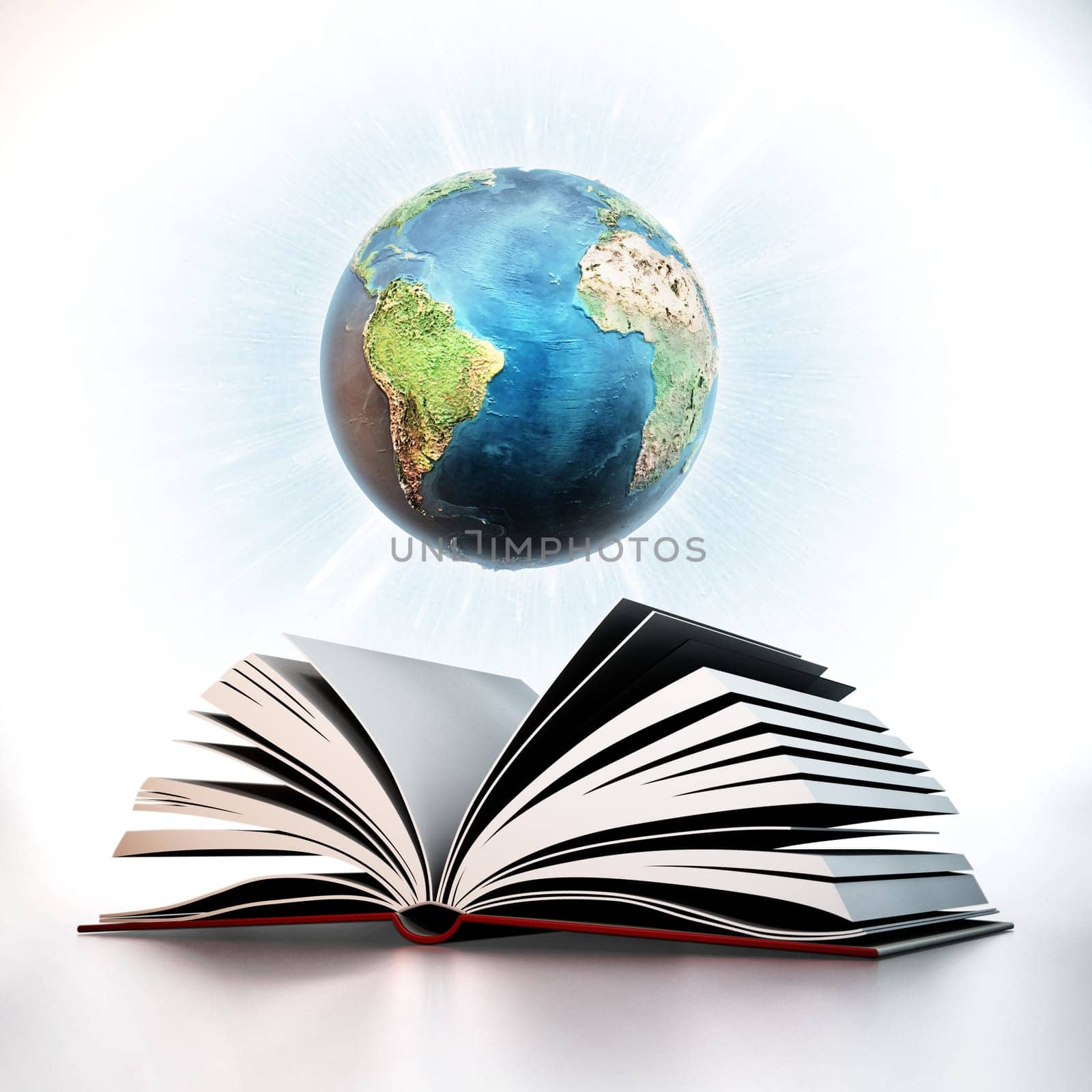 Blue globe on open book pages. 3D illustration.