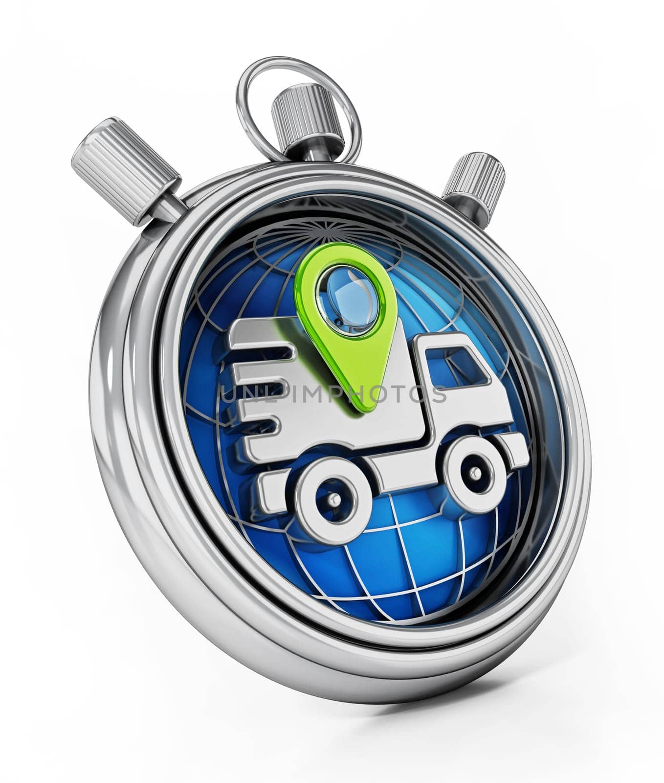 Delivery van and navigation marker on the globe inside the chronometer. 3D illustration.