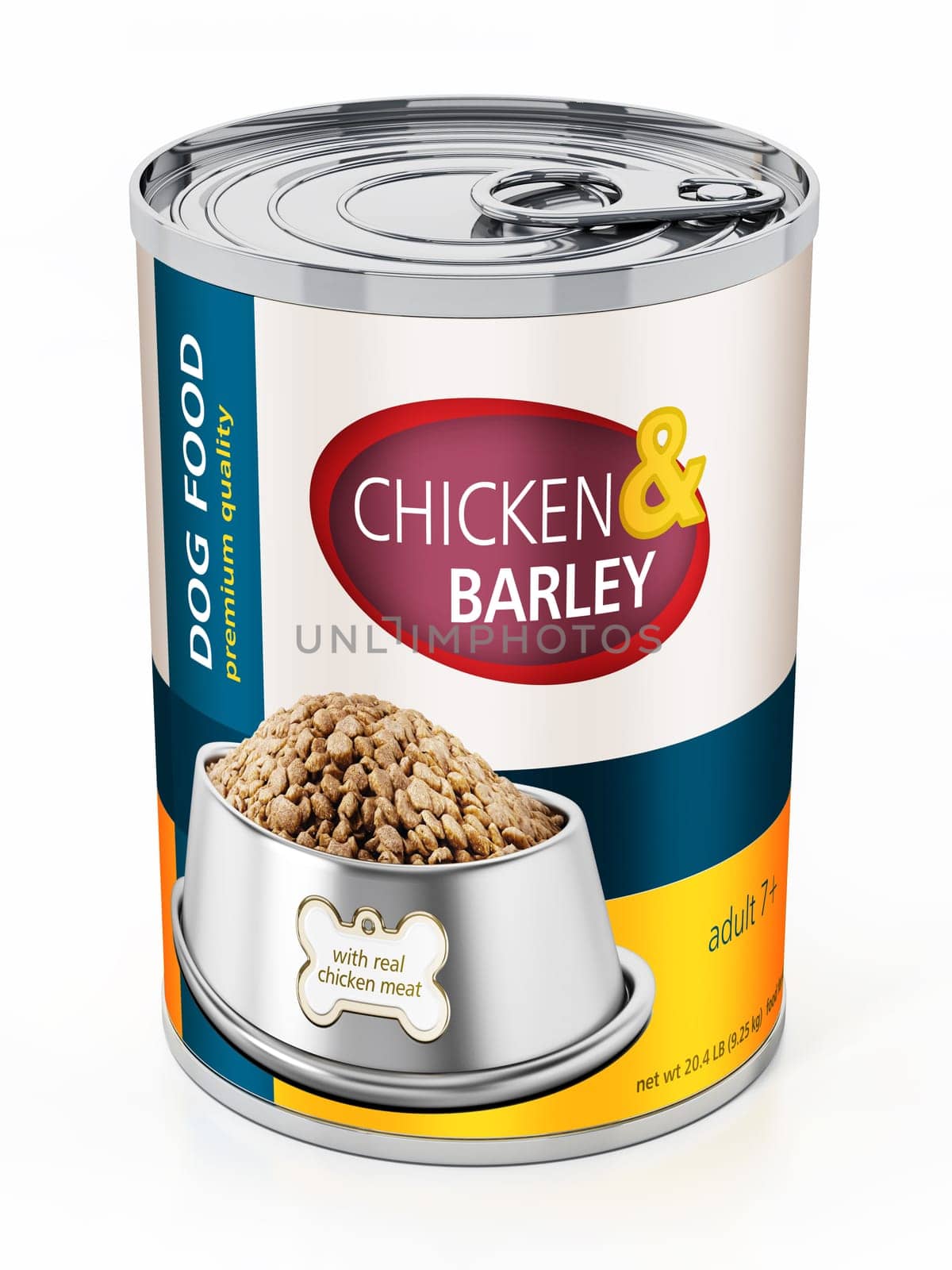 Dog food in generic can design isolated on white background. 3D illustration.