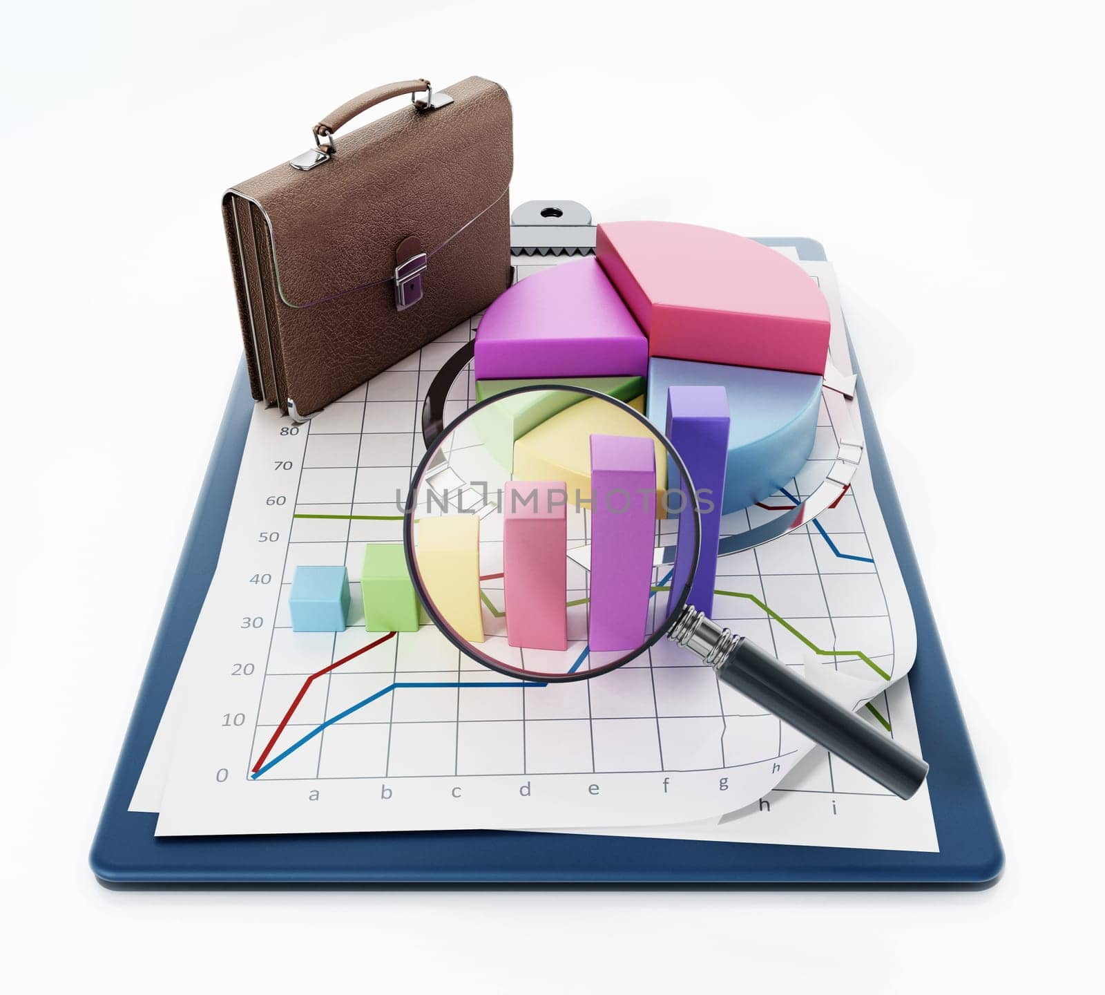 Business charts, graphs, briefcase and magnifying glass on clipboard. 3D illustration.