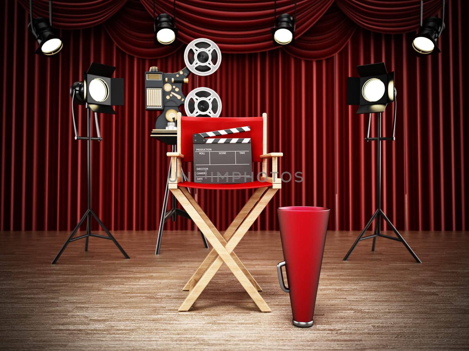 Vintage camera, director's chair, clapperboard and horn in studio. 3D illustration.