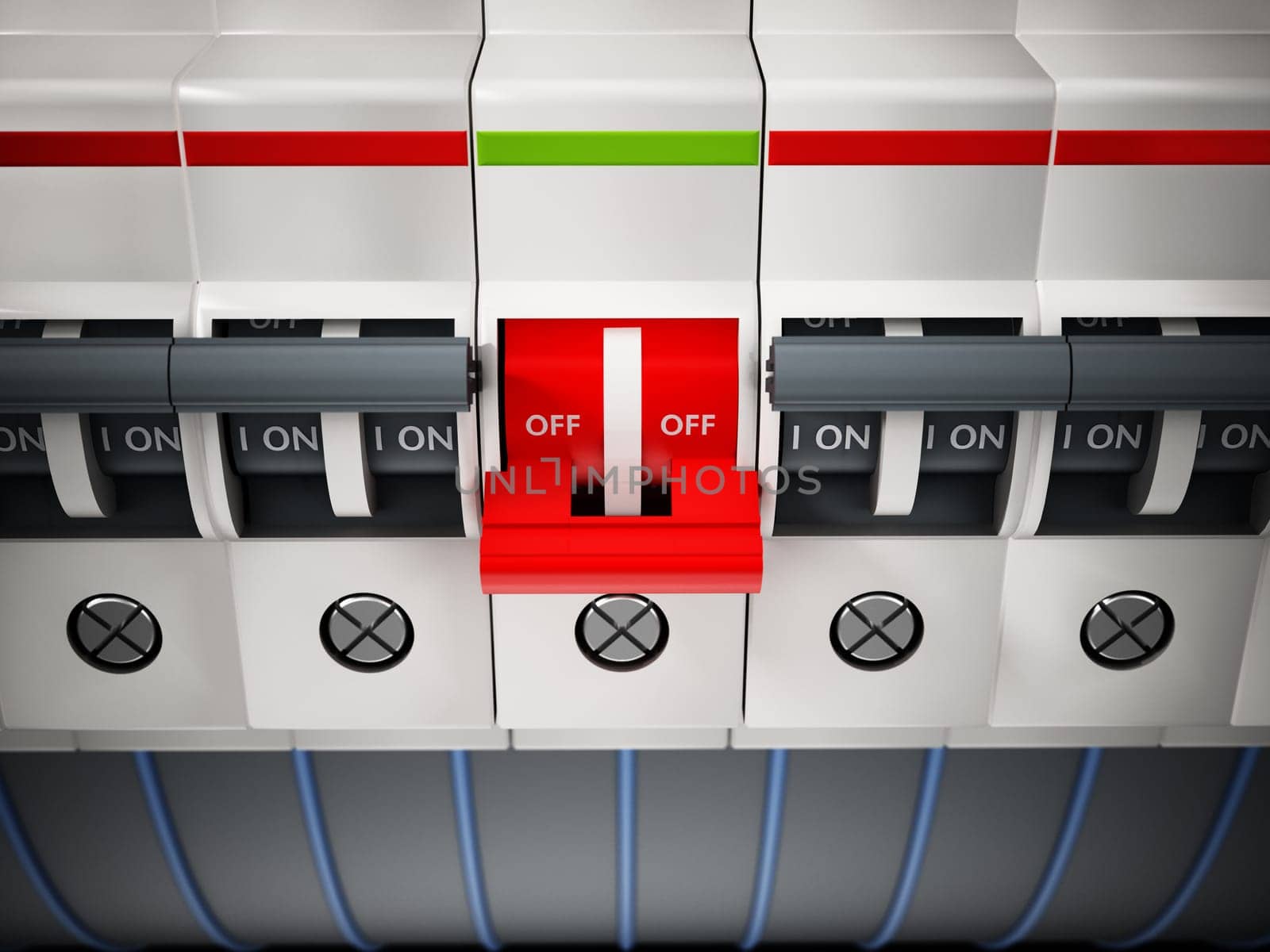 Fuseboxes with only one in on position. 3D illustration.