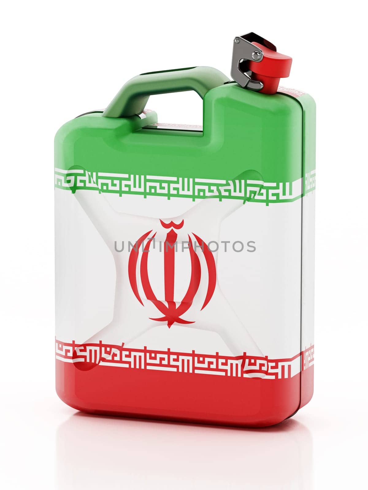 Gas can with Iran flag isolated on white background. 3D illustration.