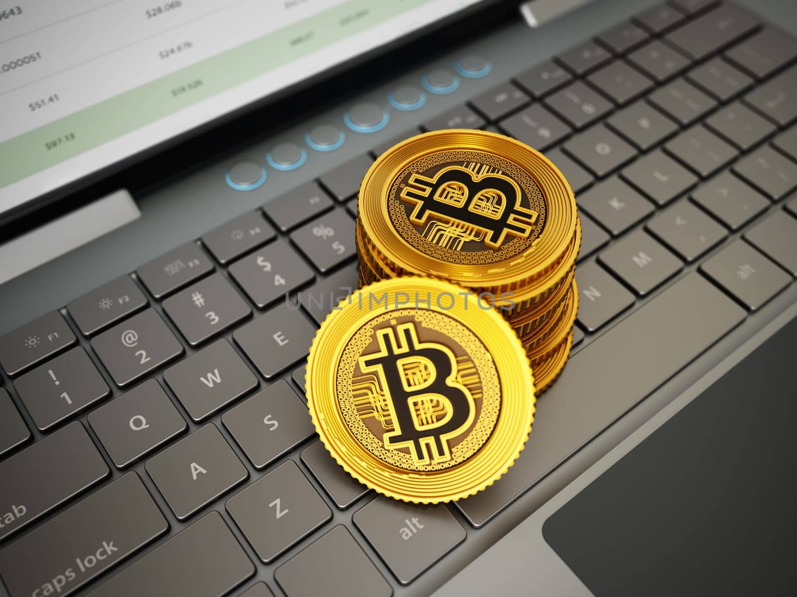 Generic crypto currency coins standing on laptop computer keyboard. 3D illustration.