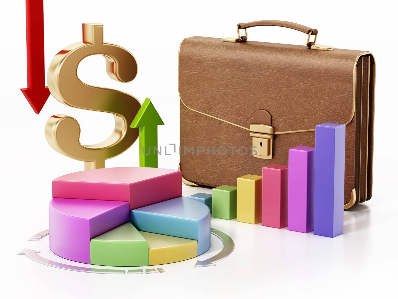 Business charts, graphs, briefcase and dollar symbol isolated on white background. 3D illustration.