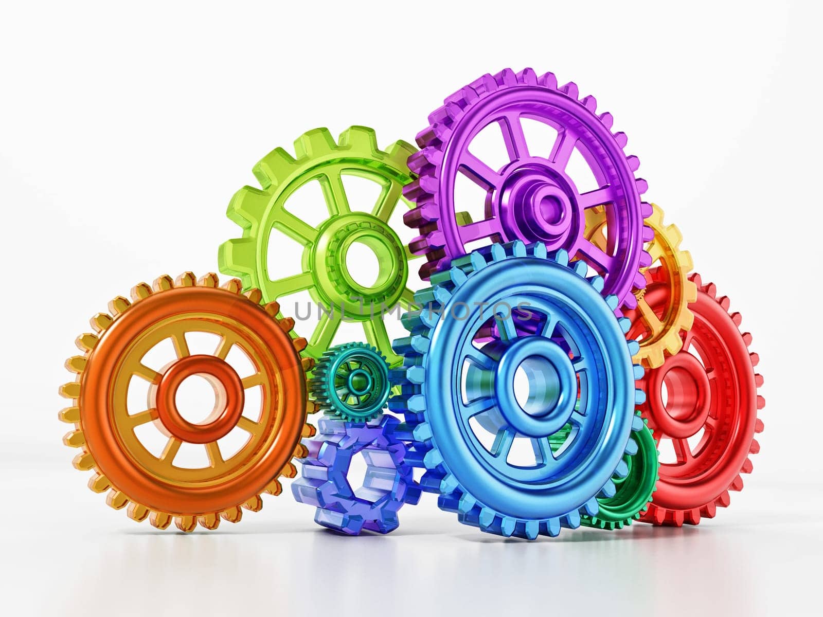 Colorful connected gears in motion forming a cloud shape. 3D illustration.
