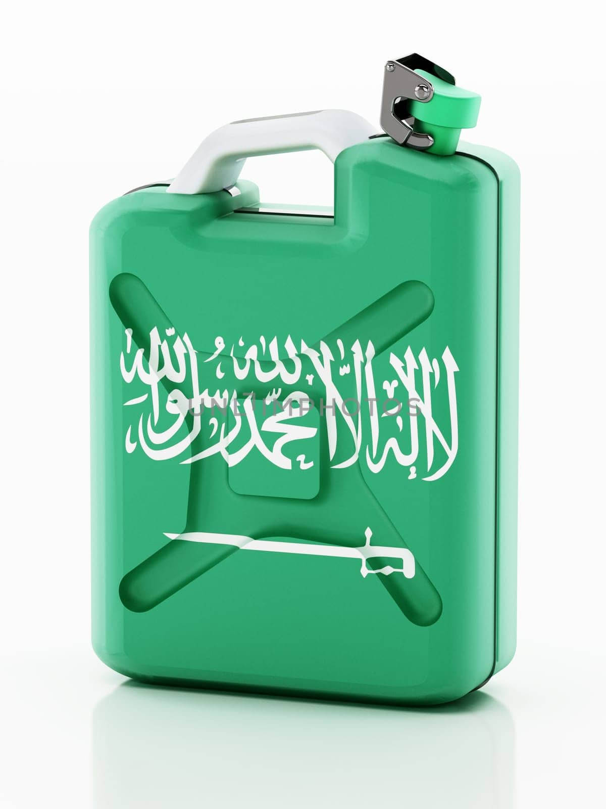 Gas can with Saudi Arabia flag isolated on white background. 3D illustration.