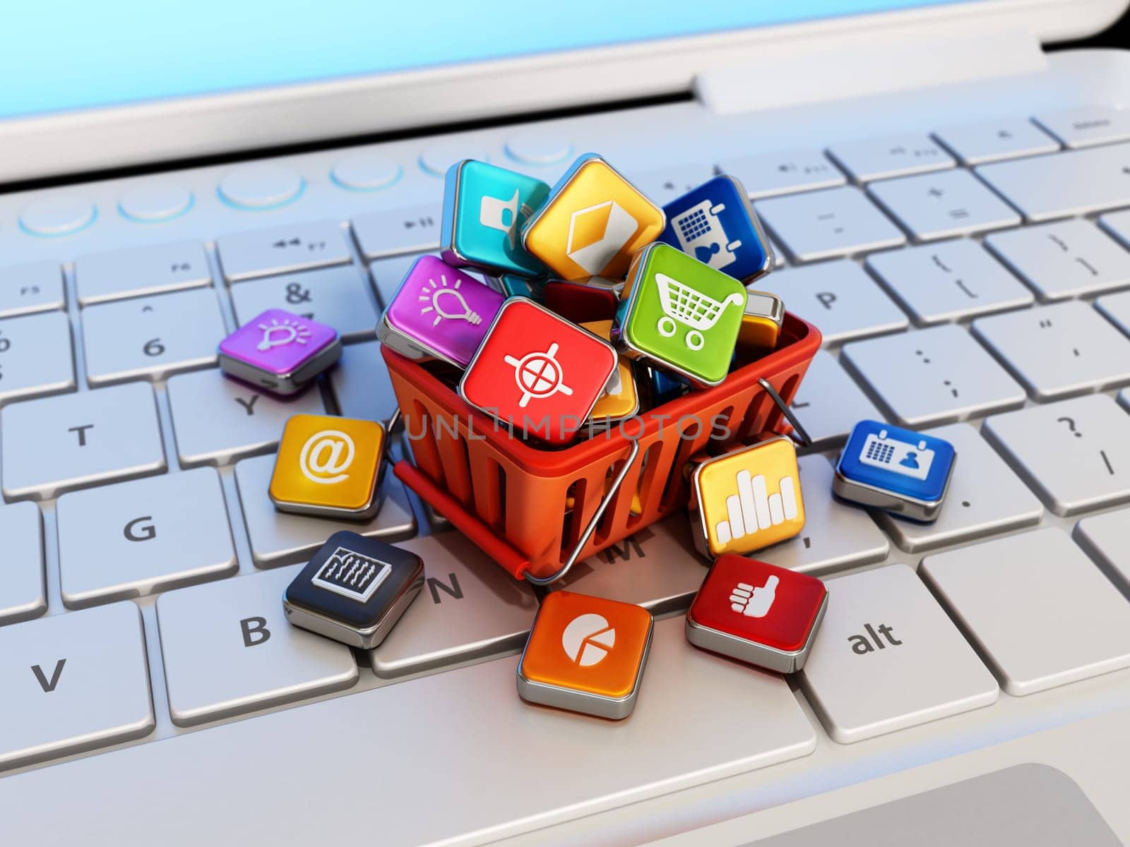 Stack of digital apps inside shopping basket standing on laptop keyboard. 3D illustration.