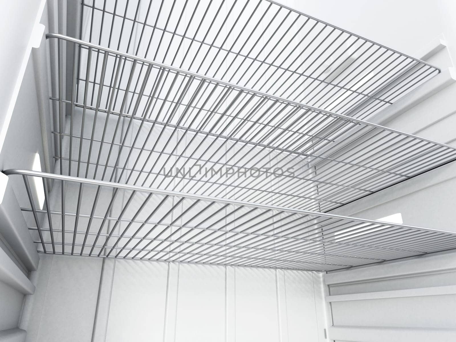 View of empty refrigerator interior. 3D illustration.
