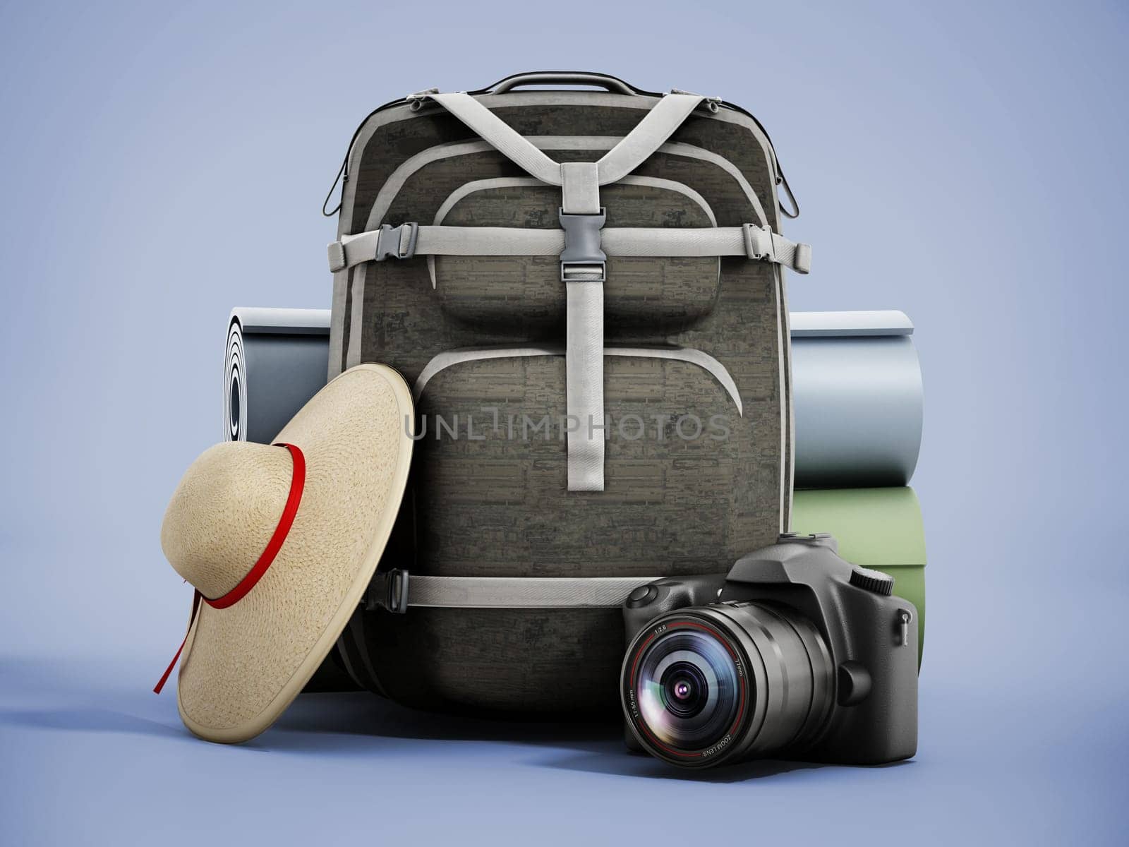 Traveller's backpack, hat, camera and sleeping mats. 3D illustration.