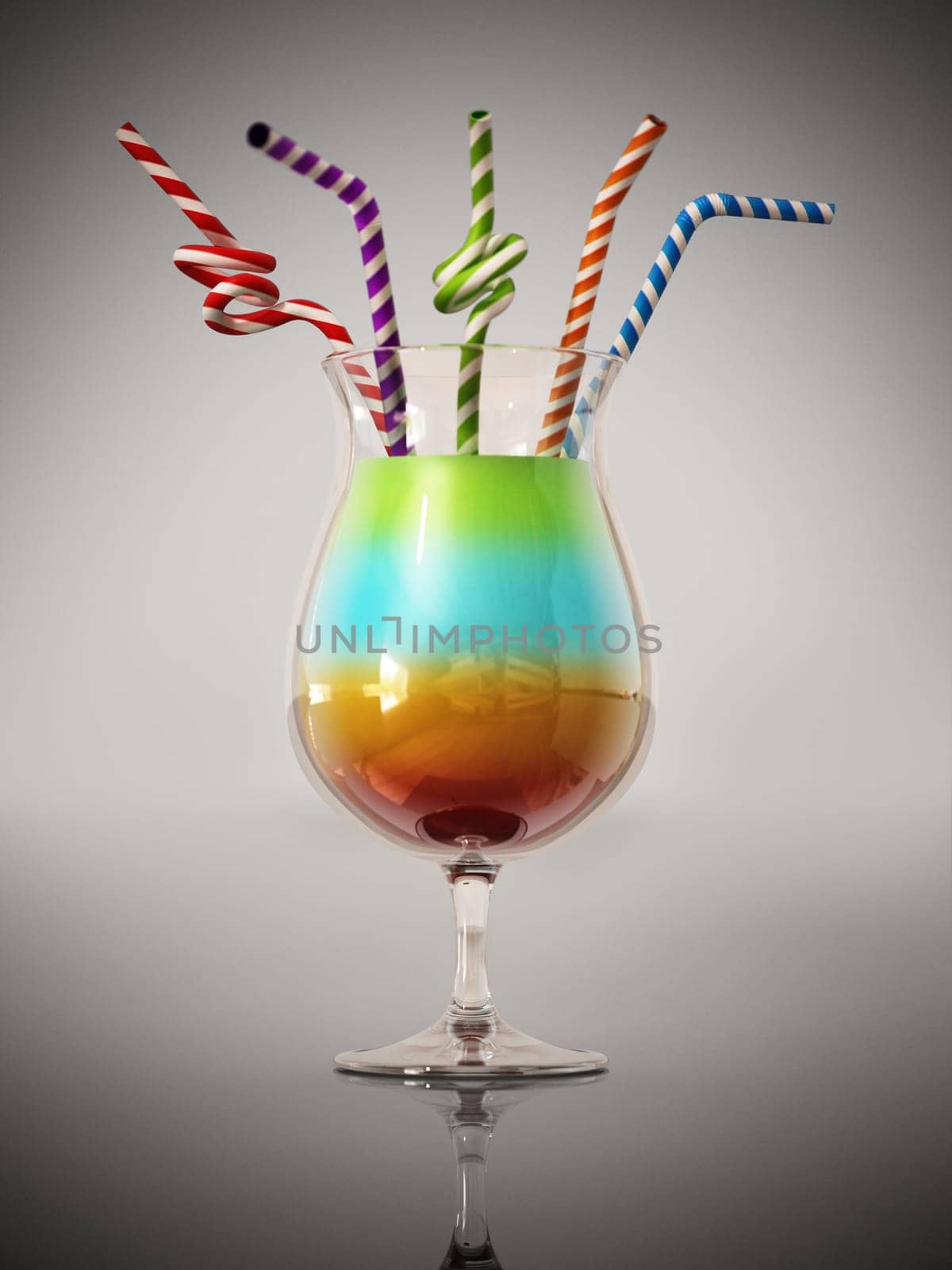 Colorful straws inside coctail glass with multi colored beverage. 3D illustration.