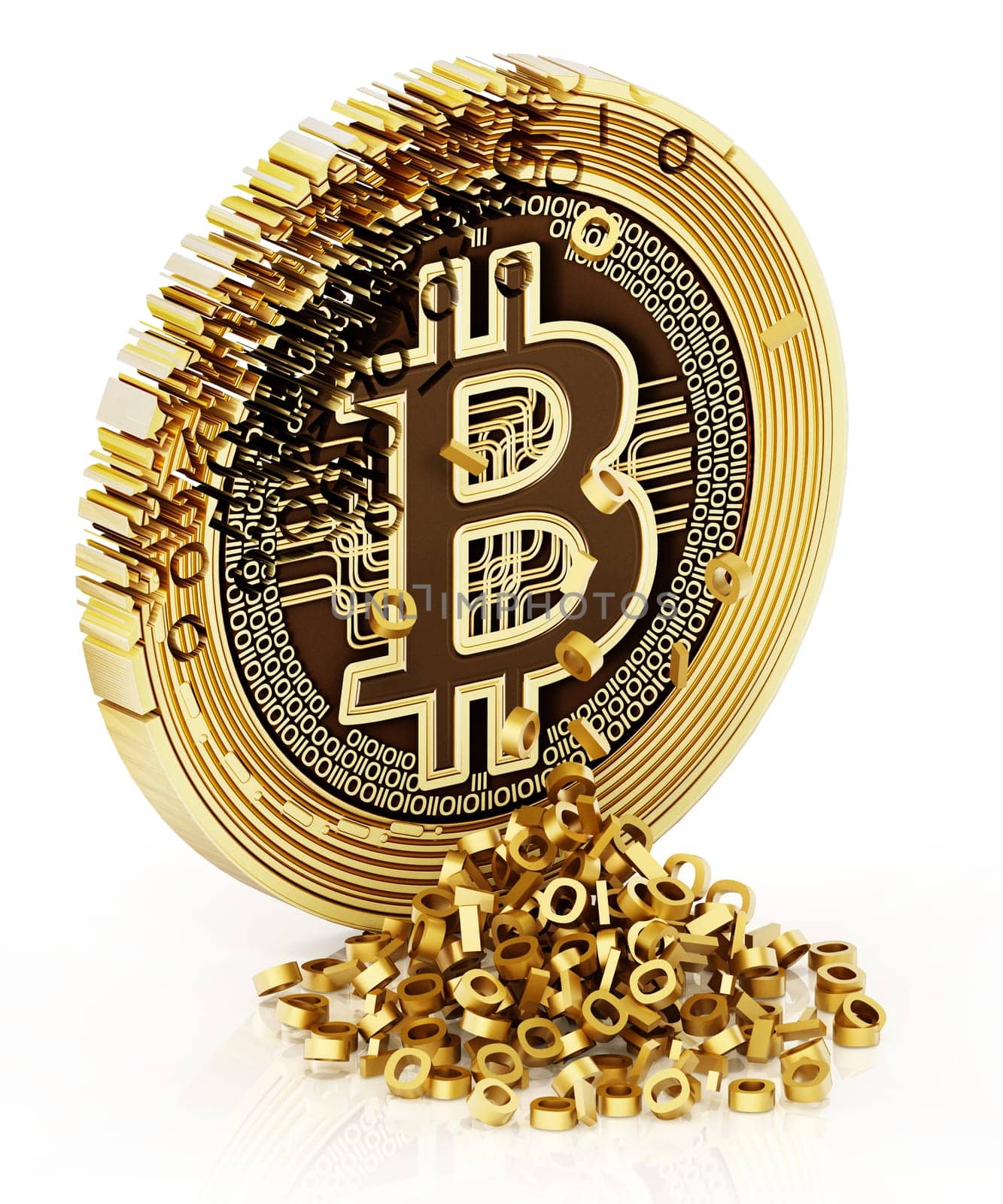 Generic crypto coin with 1 and 0 shaped holes and pile of binary code on the ground. 3D illustration.