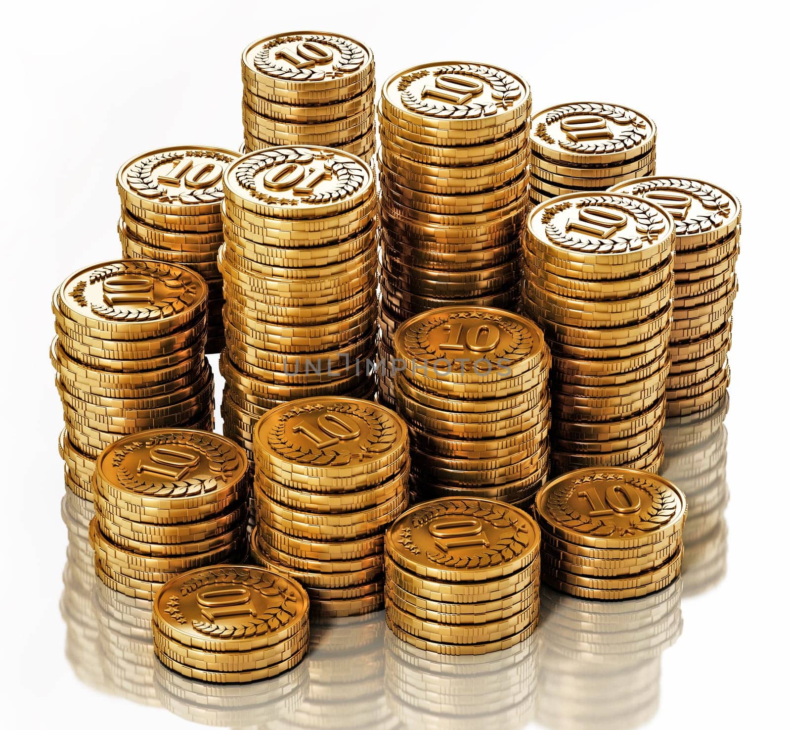 Stack of generic gold coins isolated on white background. 3D illustration.